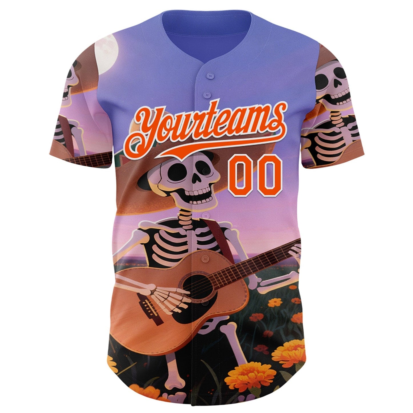 Custom Purple Orange-White Sugar Skull Day of the Dead Mexican Folk Art Authentic Baseball Jersey baseball jersey product view 2
