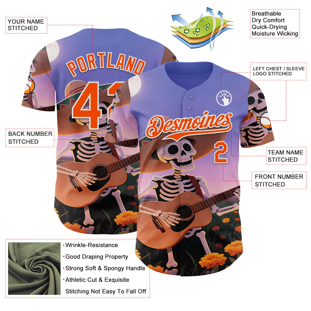 Custom Purple Orange-White Sugar Skull Day of the Dead Mexican Folk Art Authentic Baseball Jersey baseball jersey product view 3