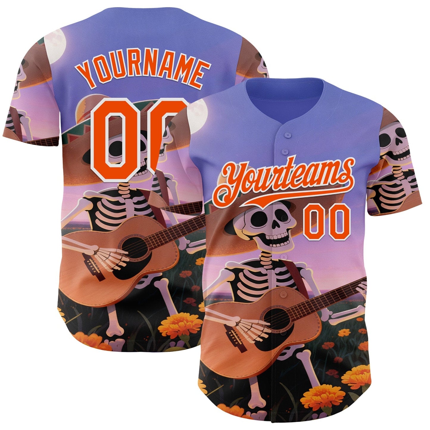 Custom Purple Orange-White Sugar Skull Day of the Dead Mexican Folk Art Authentic Baseball Jersey baseball jersey product view 1