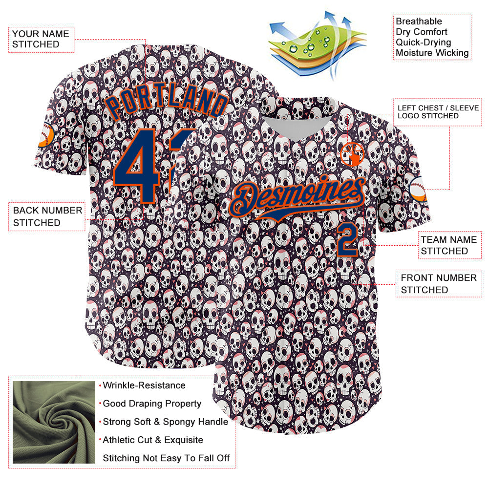 Custom White US Navy Blue-Orange Sugar Skull Day of the Dead Mexican Folk Art Authentic Baseball Jersey baseball jersey product view 3