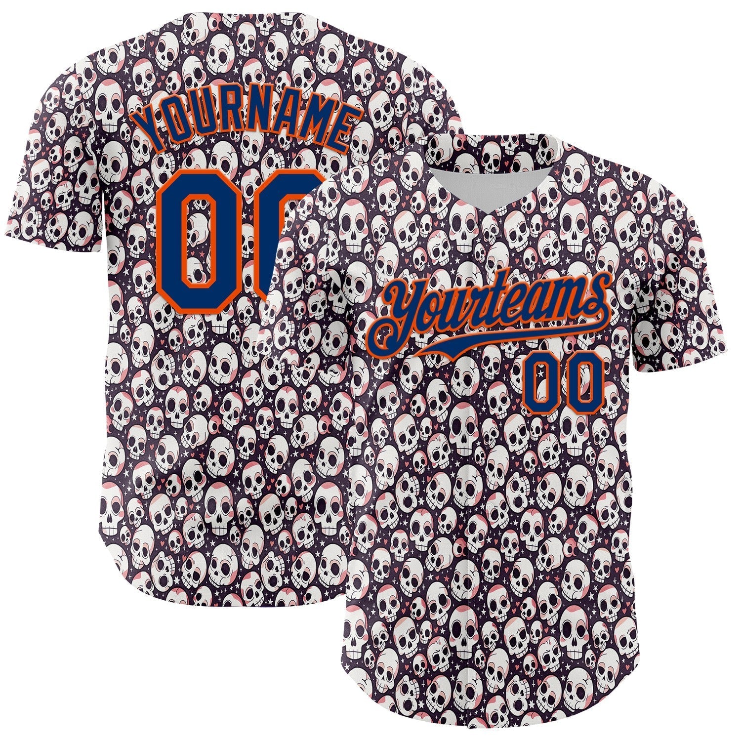 Custom White US Navy Blue-Orange Sugar Skull Day of the Dead Mexican Folk Art Authentic Baseball Jersey baseball jersey product view 1