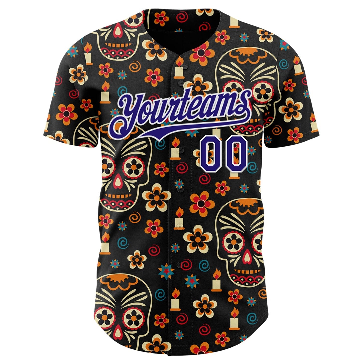 Custom Black Dark Purple-White Sugar Skull Day of the Dead Mexican Folk Art Authentic Baseball Jersey baseball jersey product view 2