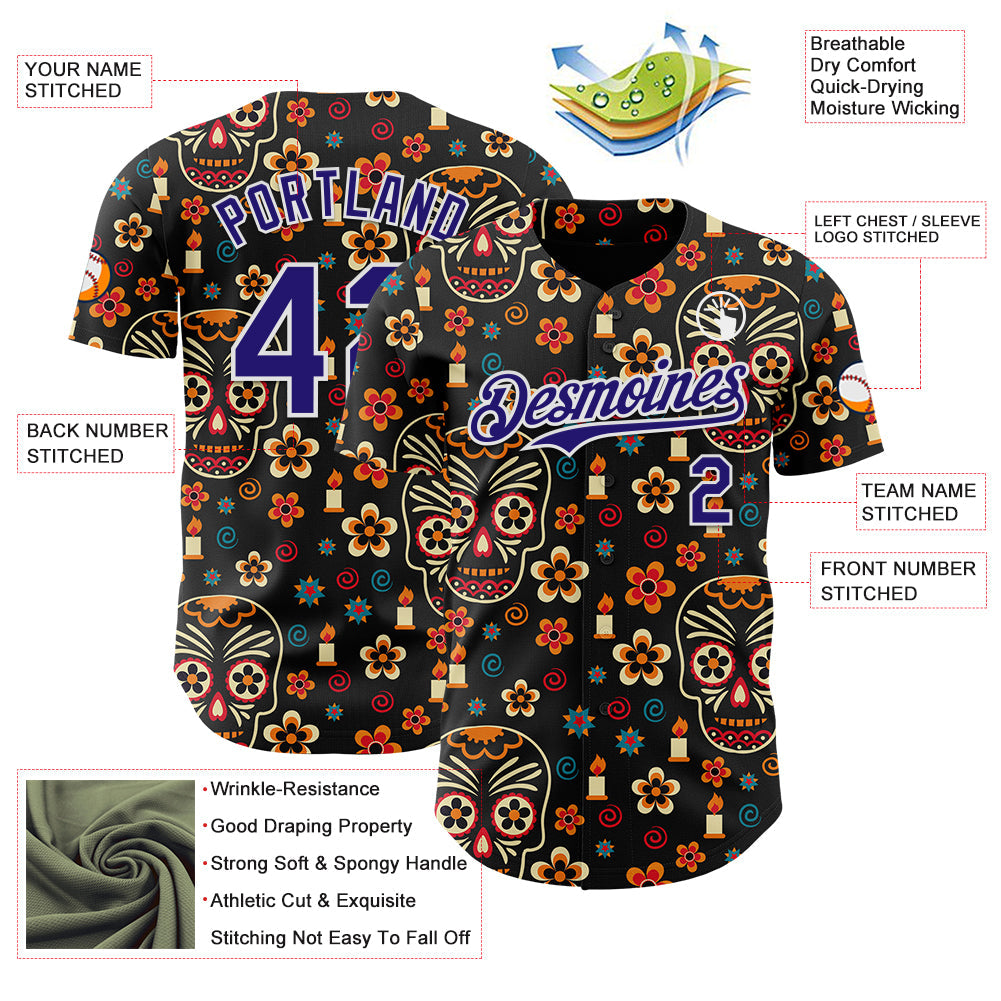 Custom Black Dark Purple-White Sugar Skull Day of the Dead Mexican Folk Art Authentic Baseball Jersey baseball jersey product view 3