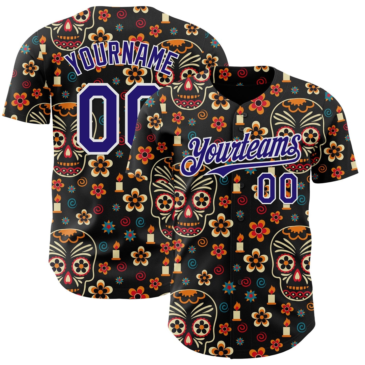 Custom Black Dark Purple-White Sugar Skull Day of the Dead Mexican Folk Art Authentic Baseball Jersey baseball jersey product view 1