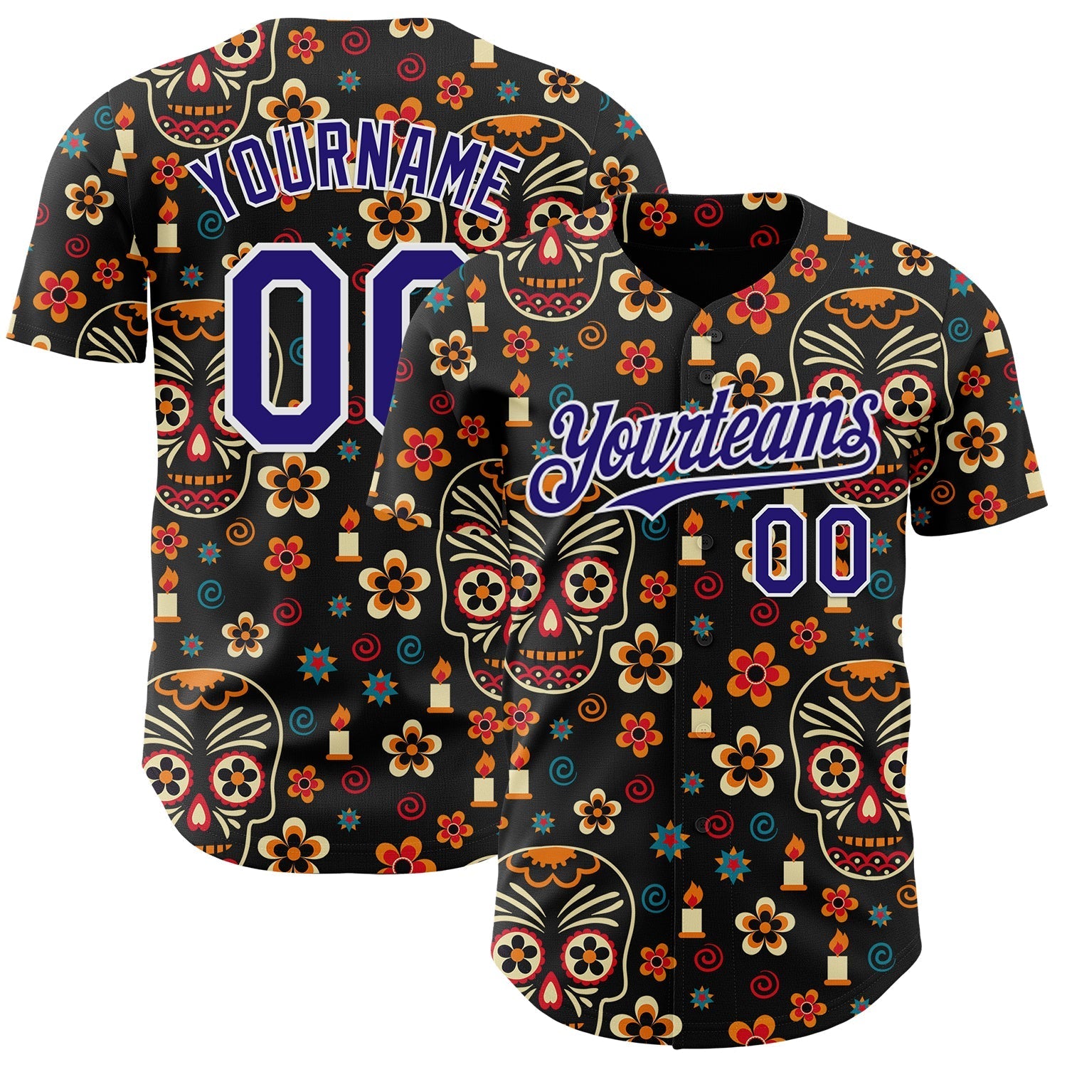 Custom Black Dark Purple-White Sugar Skull Day of the Dead Mexican Folk Art Authentic Baseball Jersey baseball jersey product view 1