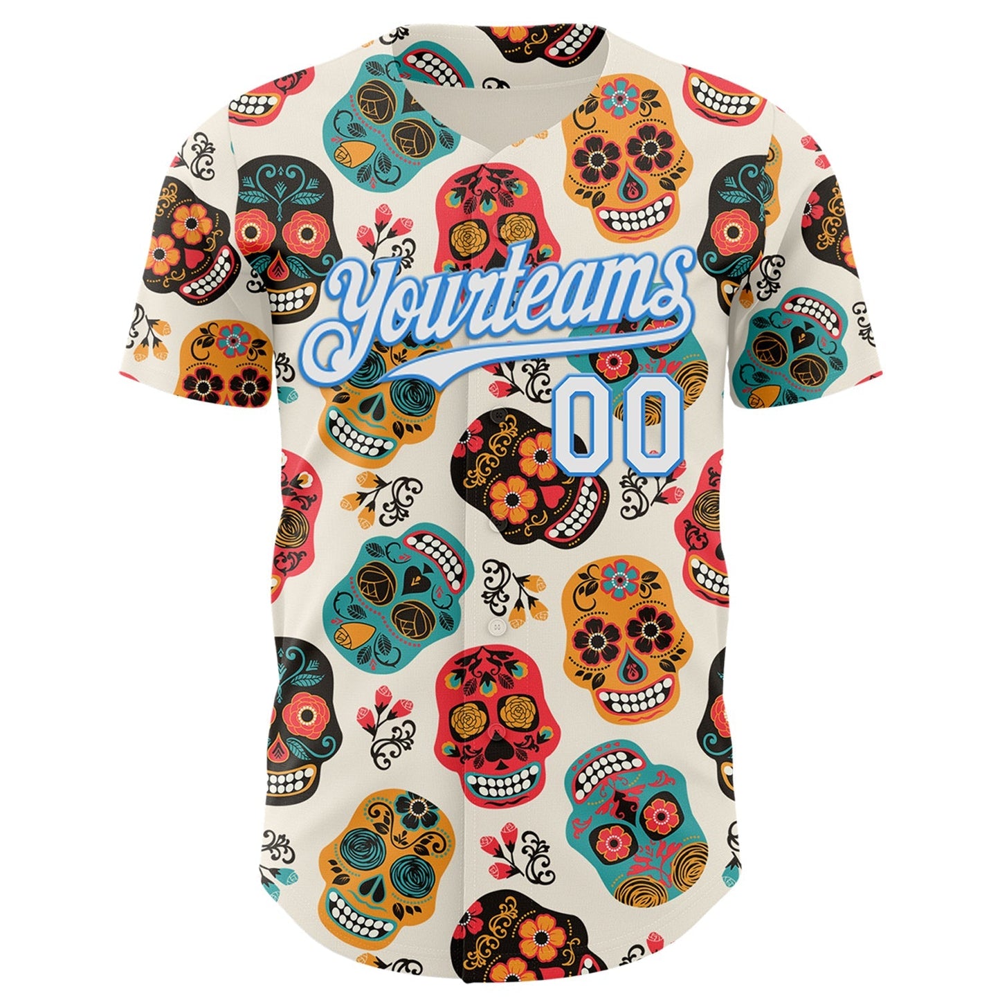 Custom Cream White-Electric Blue Sugar Skull Day of the Dead Mexican Folk Art Authentic Baseball Jersey baseball jersey product view 2