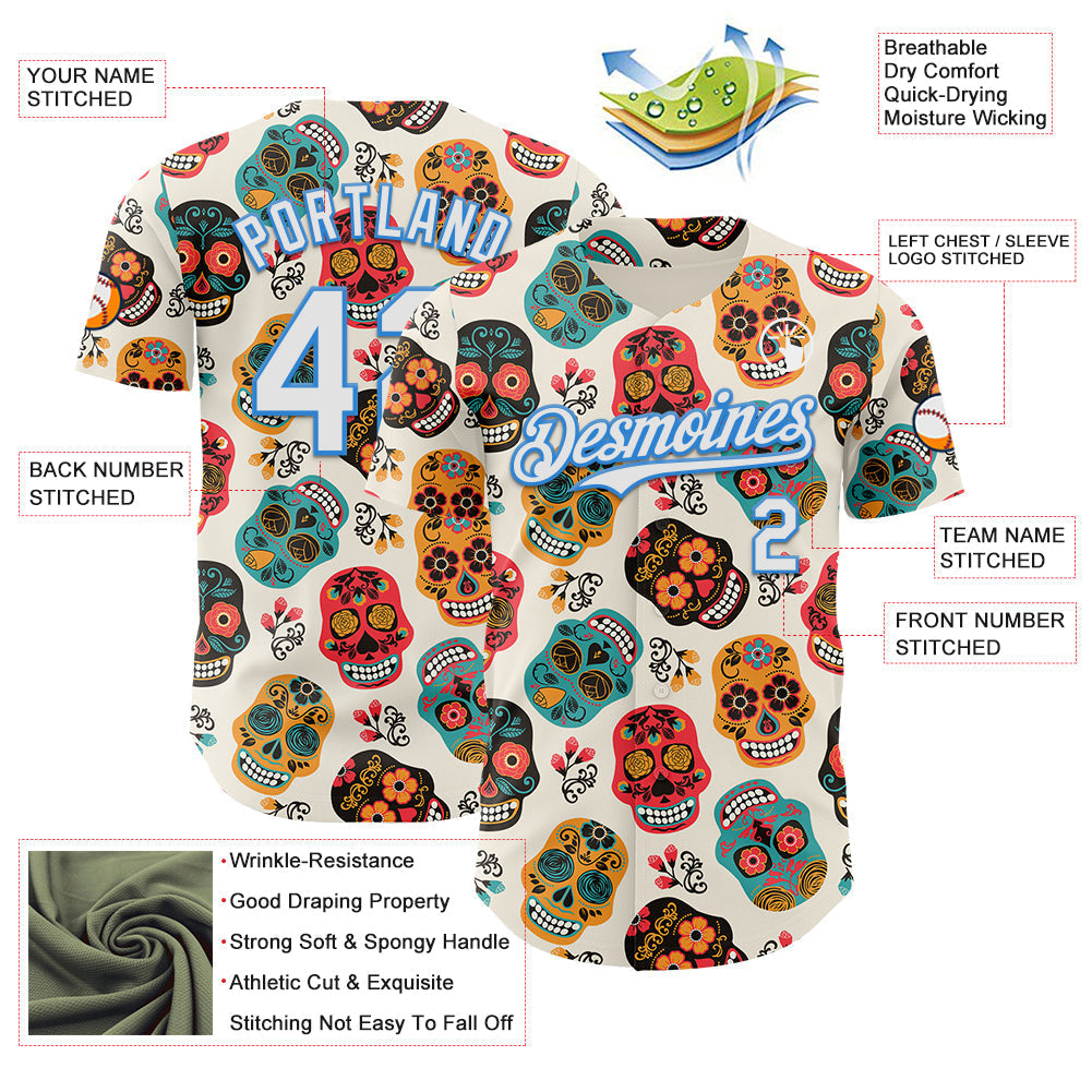 Custom Cream White-Electric Blue Sugar Skull Day of the Dead Mexican Folk Art Authentic Baseball Jersey baseball jersey product view 3
