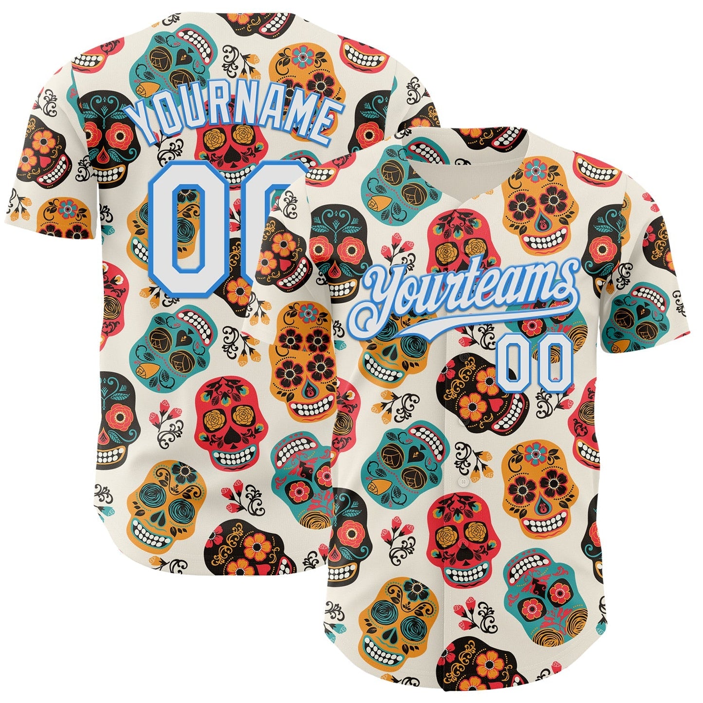Custom Cream White-Electric Blue Sugar Skull Day of the Dead Mexican Folk Art Authentic Baseball Jersey baseball jersey product view 1
