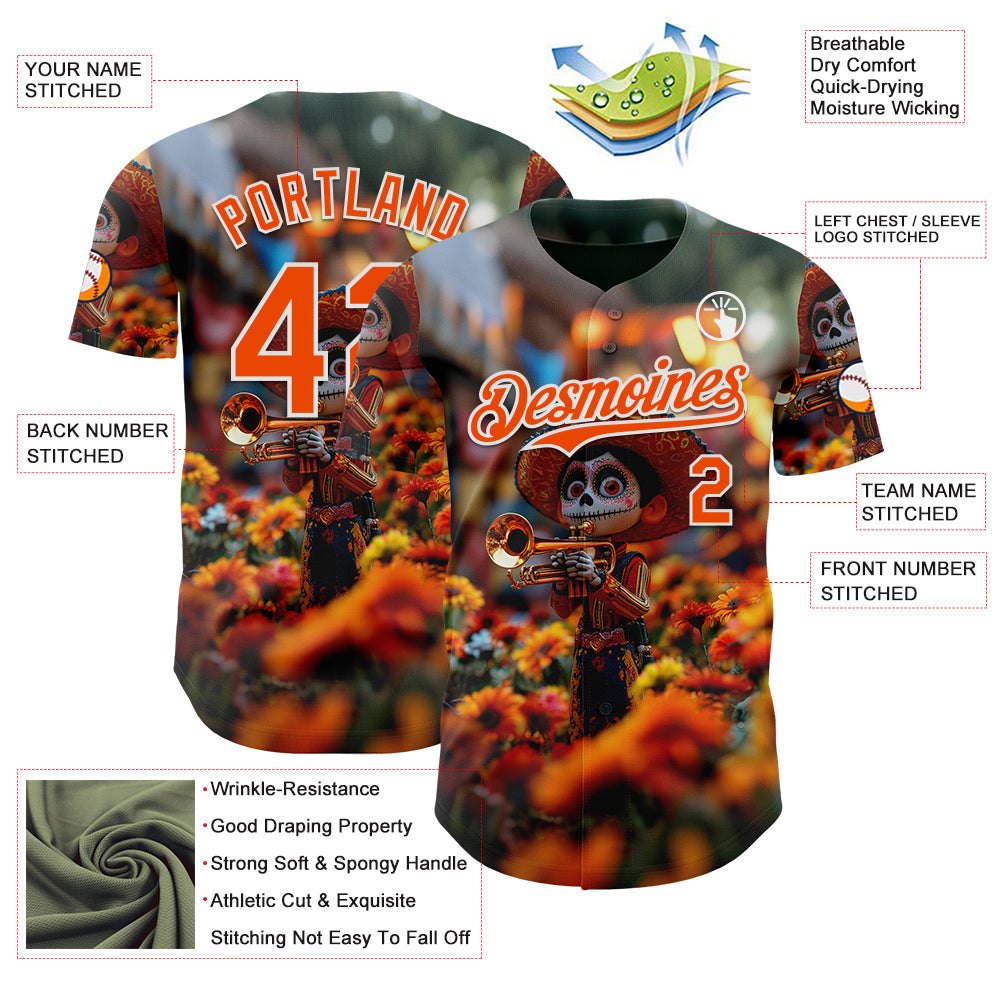 Custom Black Orange-White Sugar Skull Day of the Dead Mexican Folk Art Authentic Baseball Jersey baseball jersey product view 3
