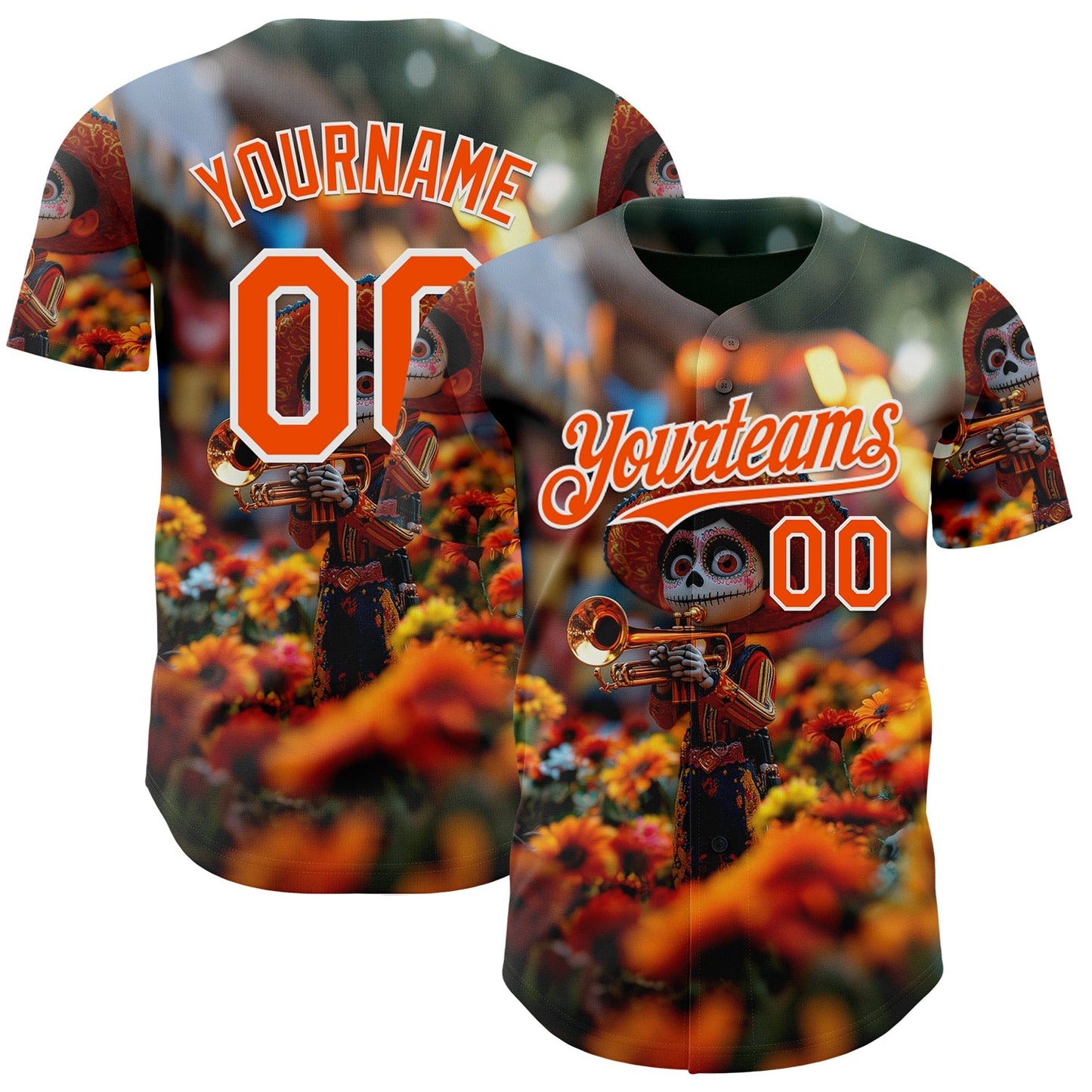 Custom Black Orange-White Sugar Skull Day of the Dead Mexican Folk Art Authentic Baseball Jersey baseball jersey product view 1