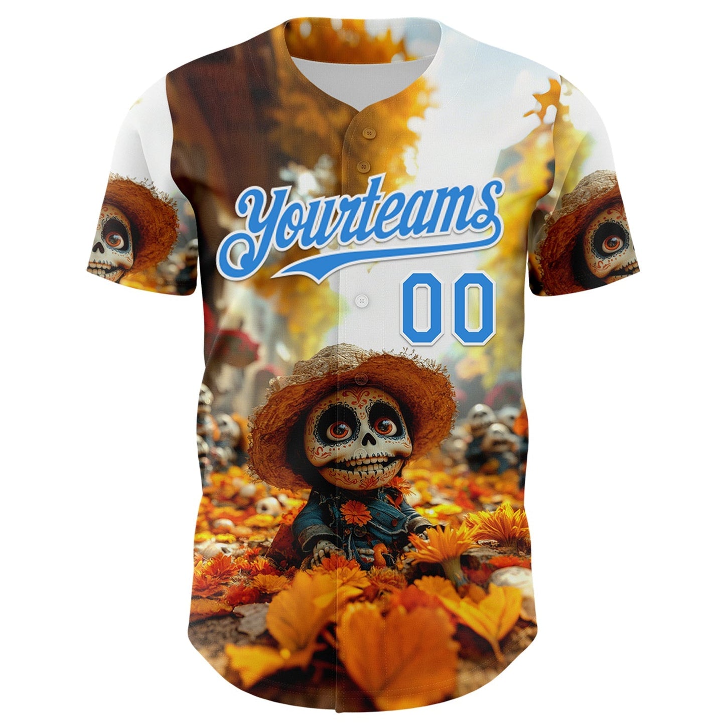 Custom White Electric Blue Sugar Skull Day of the Dead Mexican Folk Art Authentic Baseball Jersey baseball jersey product view 2