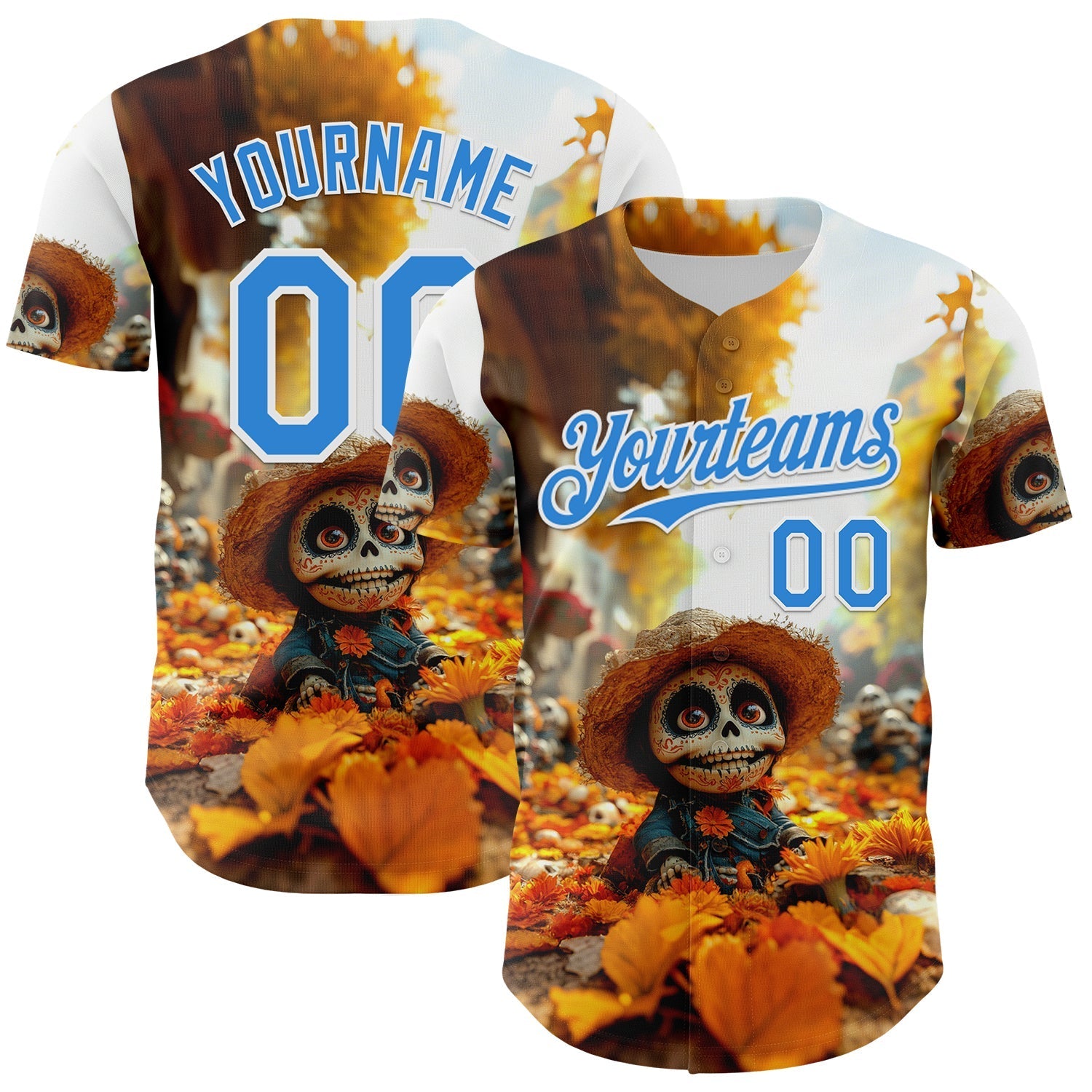Custom White Electric Blue Sugar Skull Day of the Dead Mexican Folk Art Authentic Baseball Jersey baseball jersey product view 1