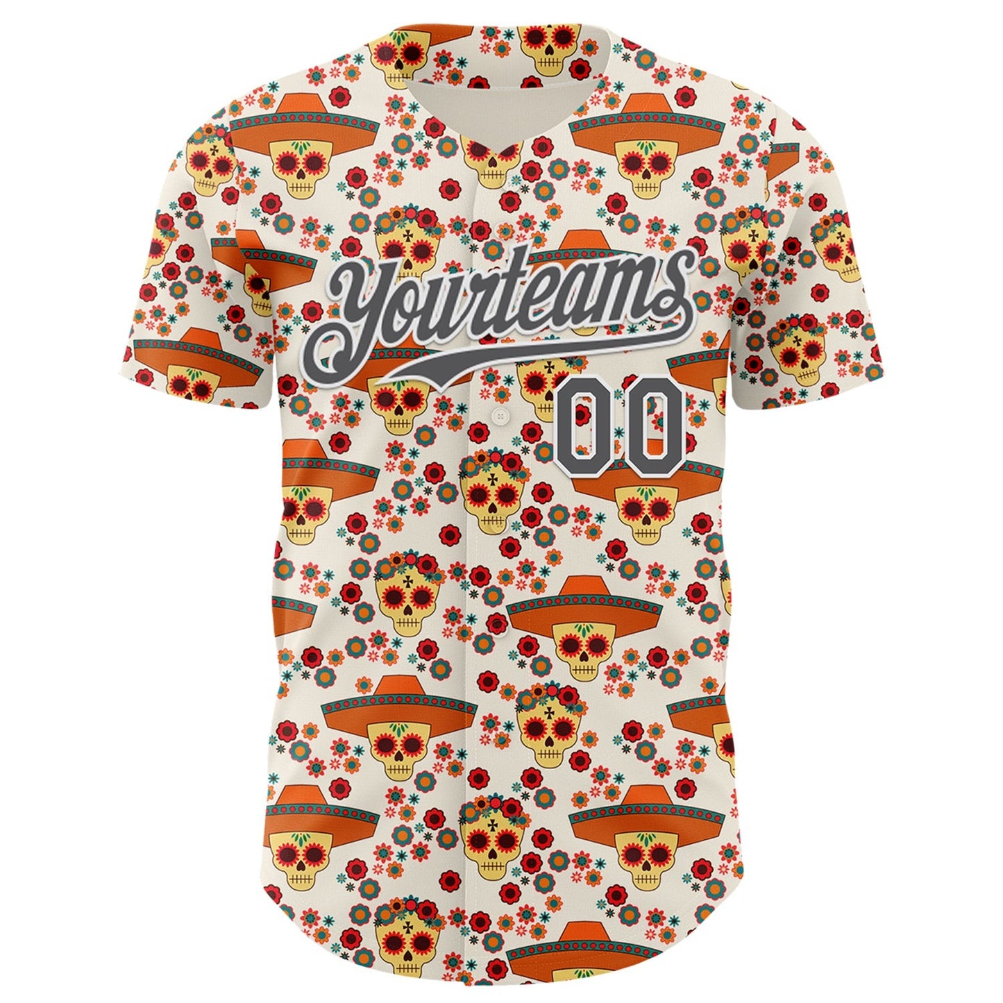 Custom Cream Steel Gray-White Sugar Skull Day of the Dead Mexican Folk Art Authentic Baseball Jersey baseball jersey product view 2