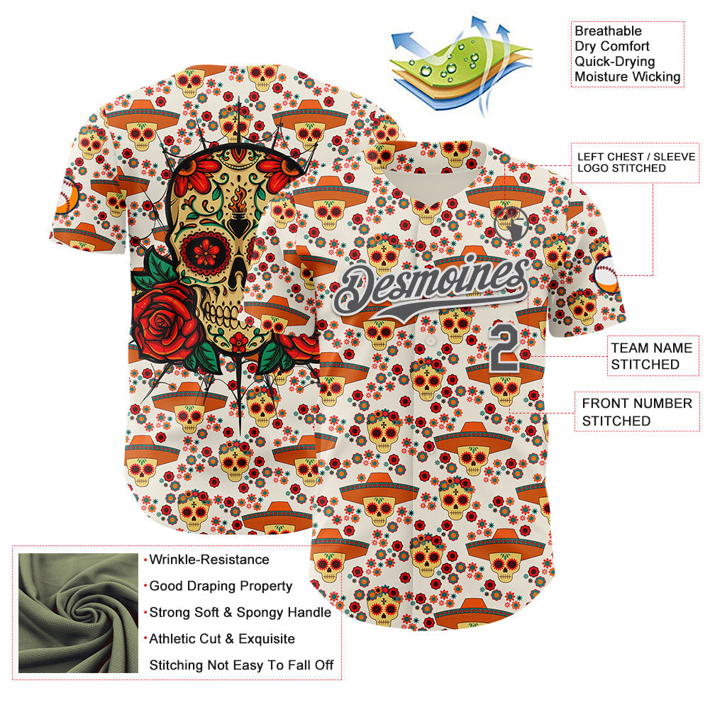 Custom Cream Steel Gray-White Sugar Skull Day of the Dead Mexican Folk Art Authentic Baseball Jersey baseball jersey product view 3