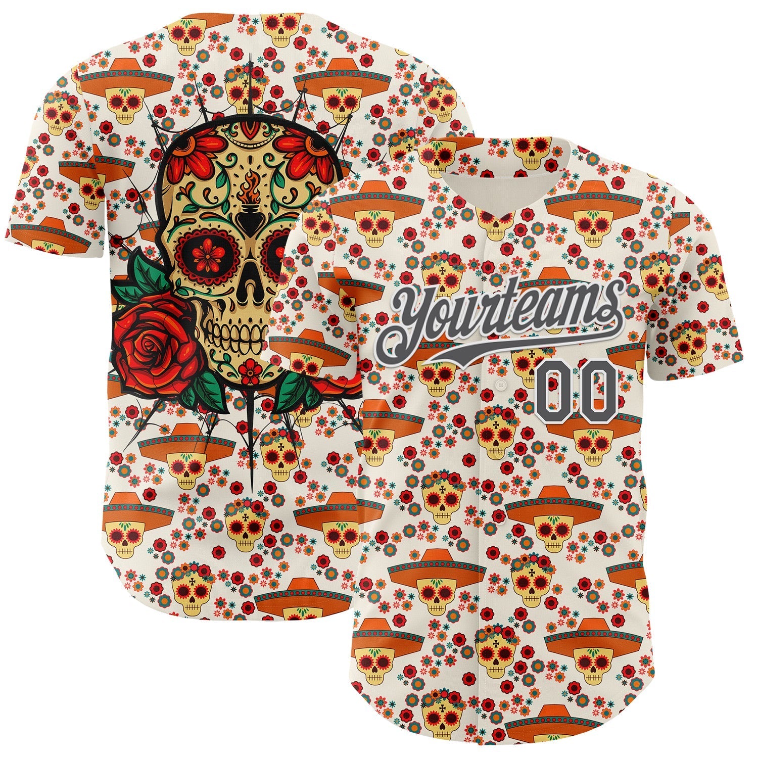 Custom Cream Steel Gray-White Sugar Skull Day of the Dead Mexican Folk Art Authentic Baseball Jersey baseball jersey product view 1