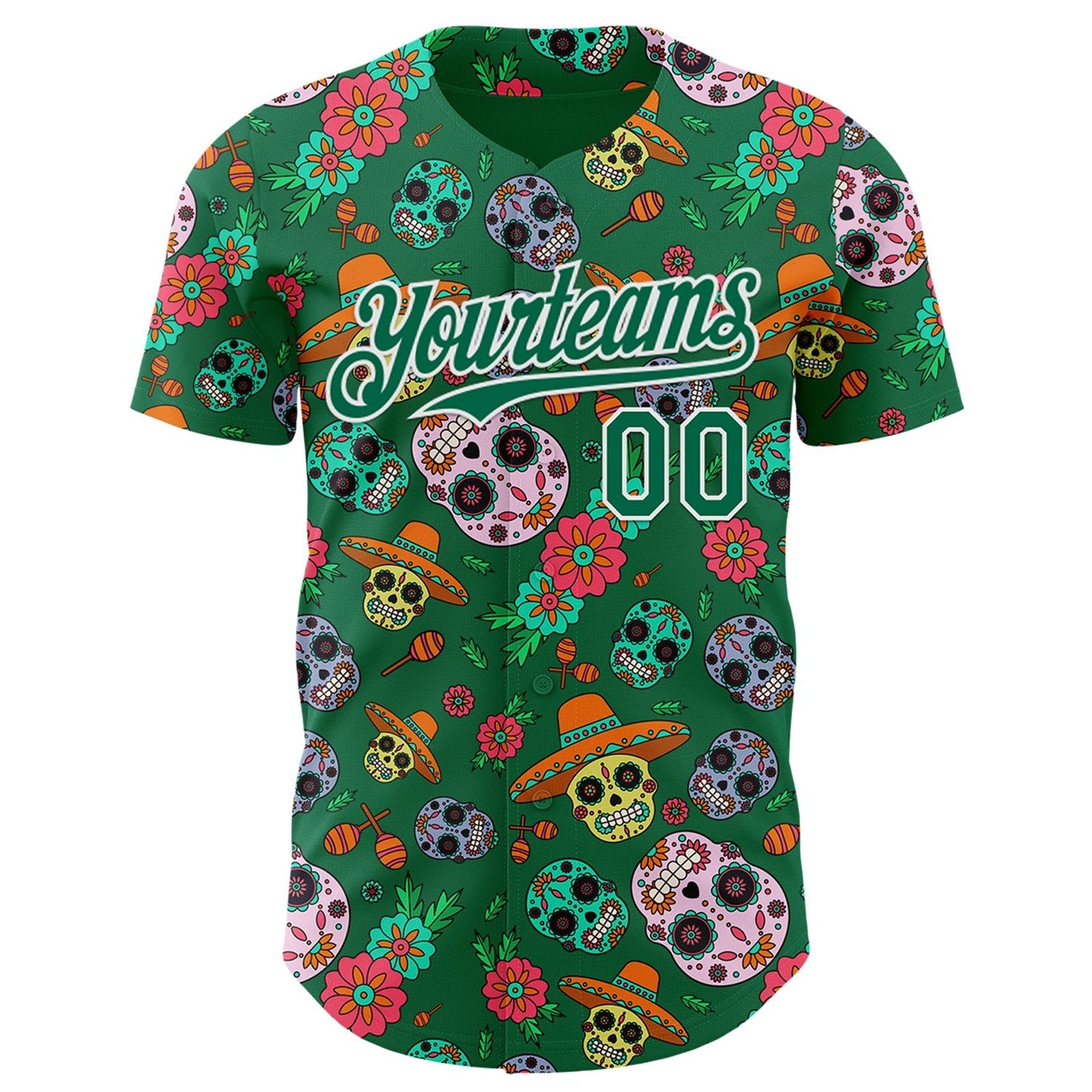 Custom Kelly Green White Sugar Skull Day of the Dead Mexican Folk Art Authentic Baseball Jersey baseball jersey product view 2