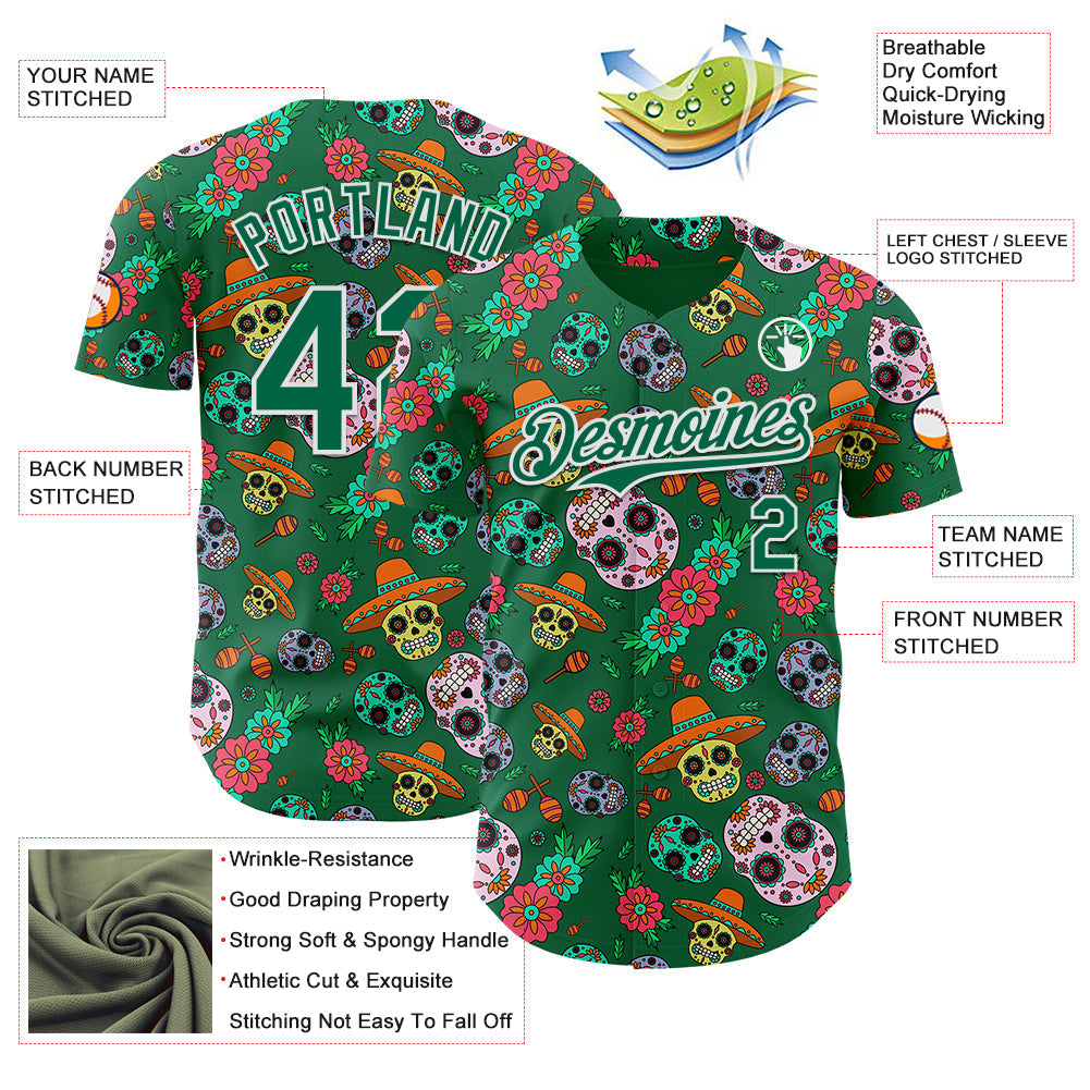 Custom Kelly Green White Sugar Skull Day of the Dead Mexican Folk Art Authentic Baseball Jersey baseball jersey product view 3