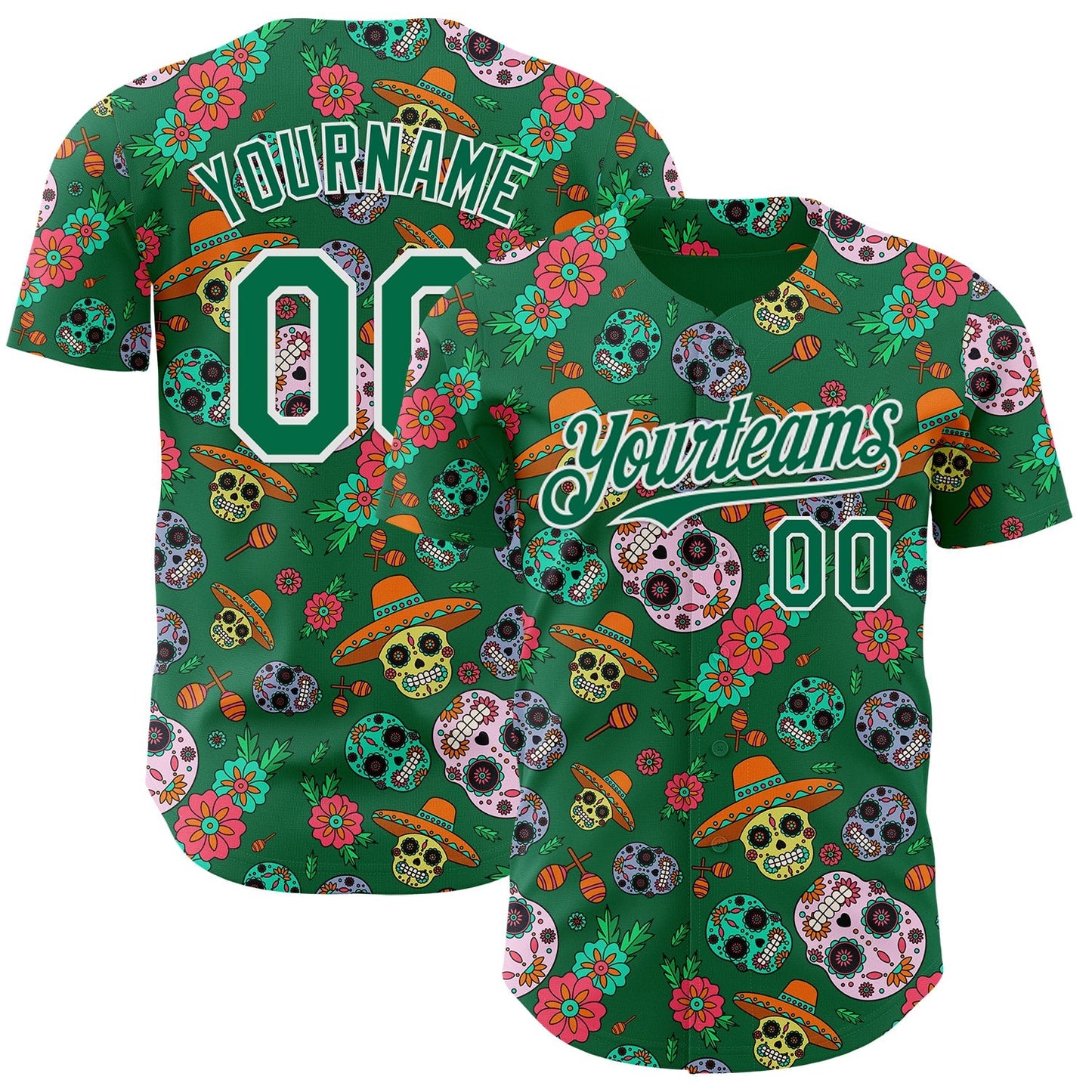 Custom Kelly Green White Sugar Skull Day of the Dead Mexican Folk Art Authentic Baseball Jersey baseball jersey product view 1
