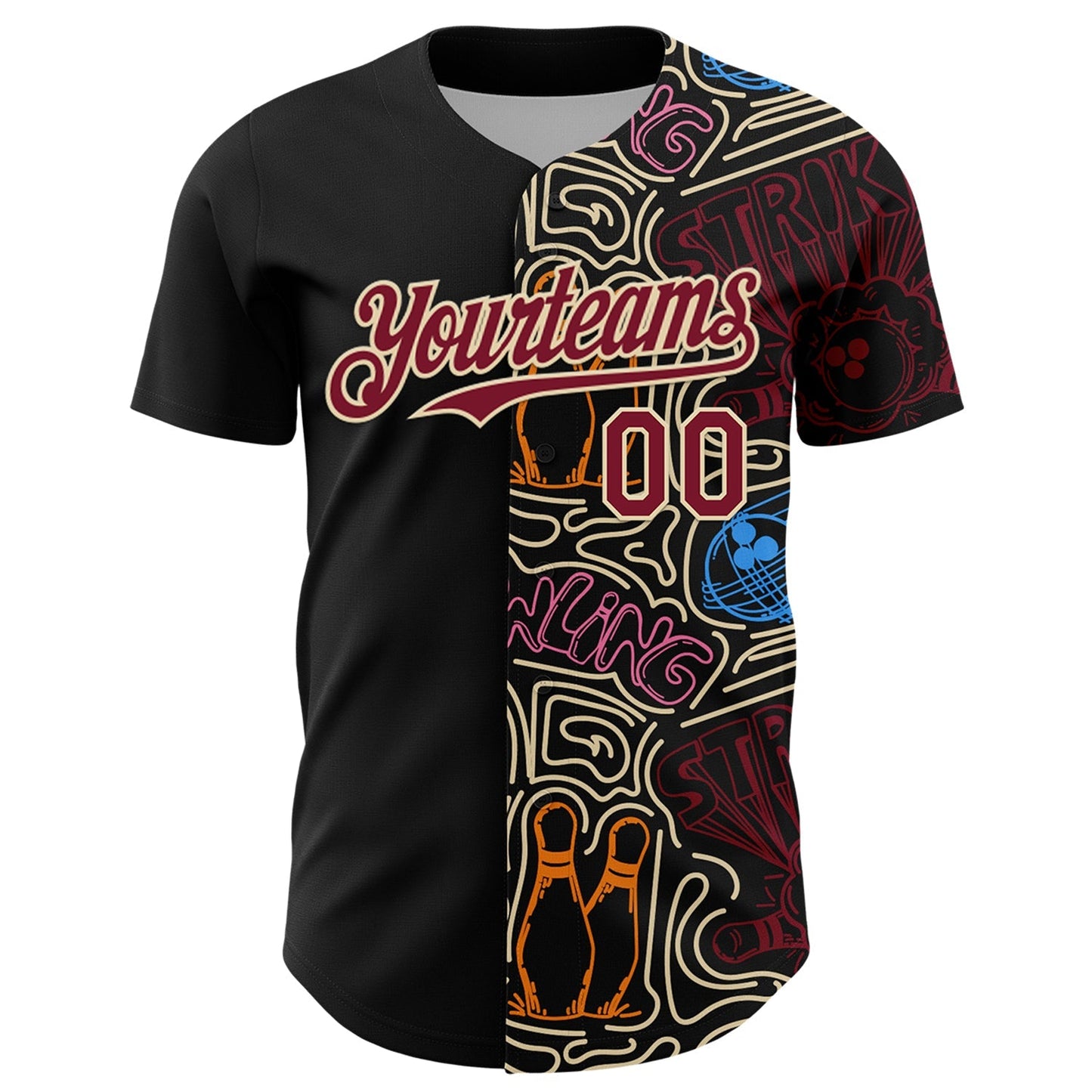 Custom Black Crimson-Cream Bowling Doodle Split Authentic Baseball Jersey baseball jersey product view 2