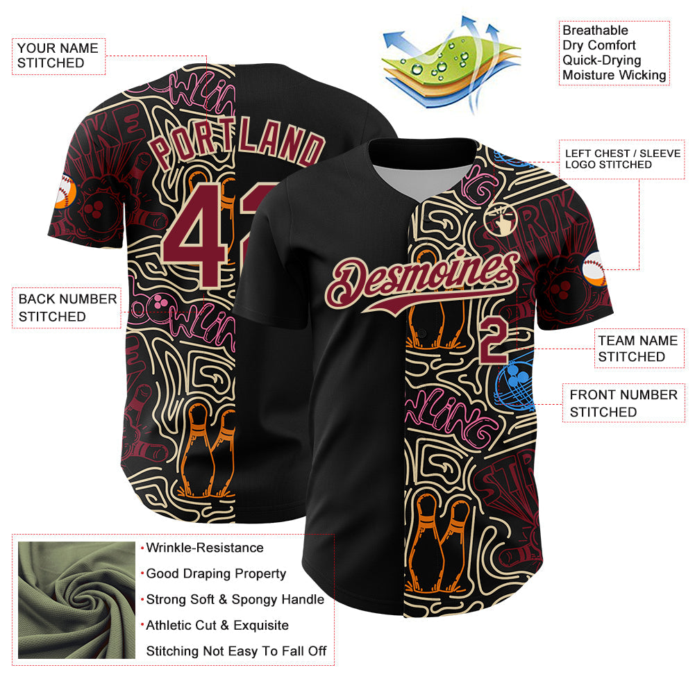 Custom Black Crimson-Cream Bowling Doodle Split Authentic Baseball Jersey baseball jersey product view 3