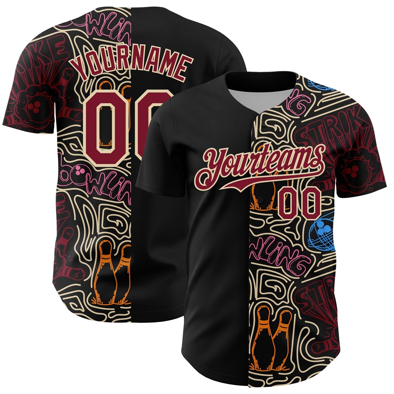 Custom Black Crimson-Cream Bowling Doodle Split Authentic Baseball Jersey baseball jersey product view 1