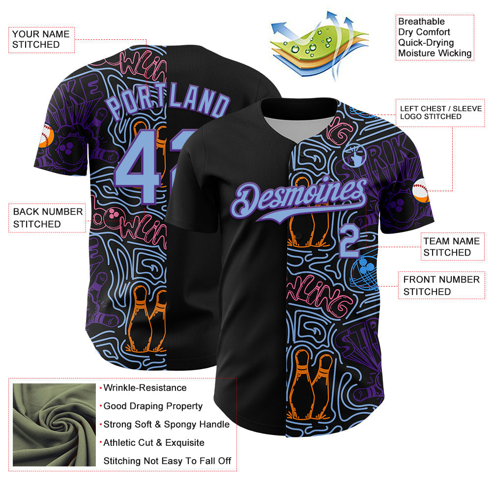 Custom Black Light Blue-Purple Bowling Doodle Split Authentic Baseball Jersey baseball jersey product view 3