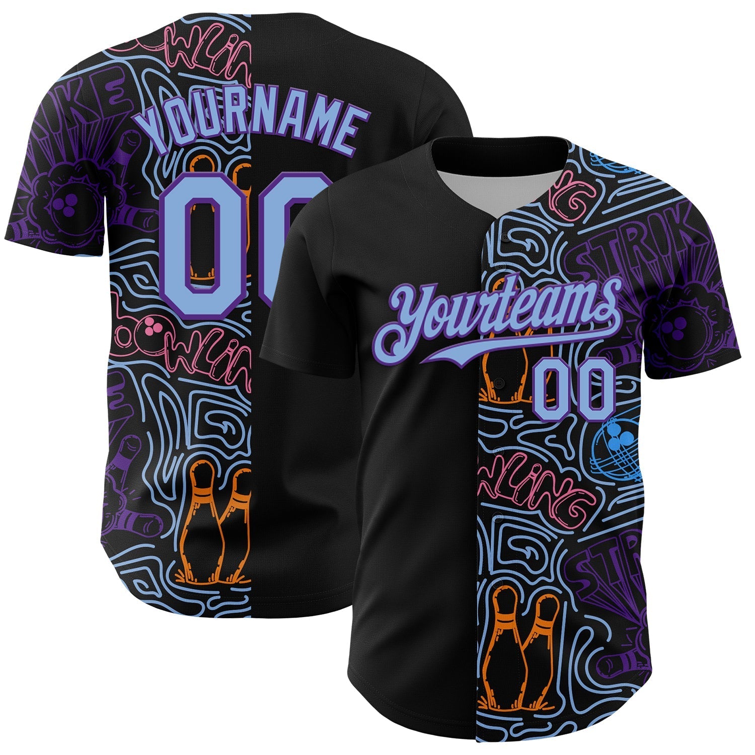 Custom Black Light Blue-Purple Bowling Doodle Split Authentic Baseball Jersey baseball jersey product view 1