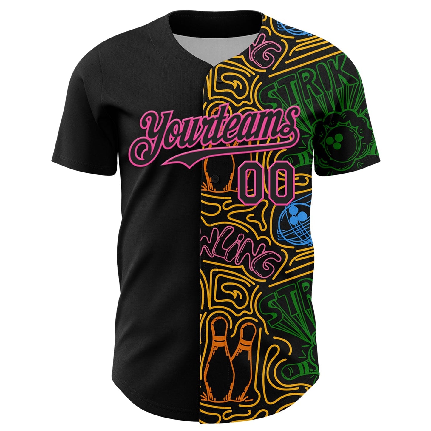 Custom Black Pink Grass Green-Gold Bowling Doodle Split Authentic Baseball Jersey baseball jersey product view 2