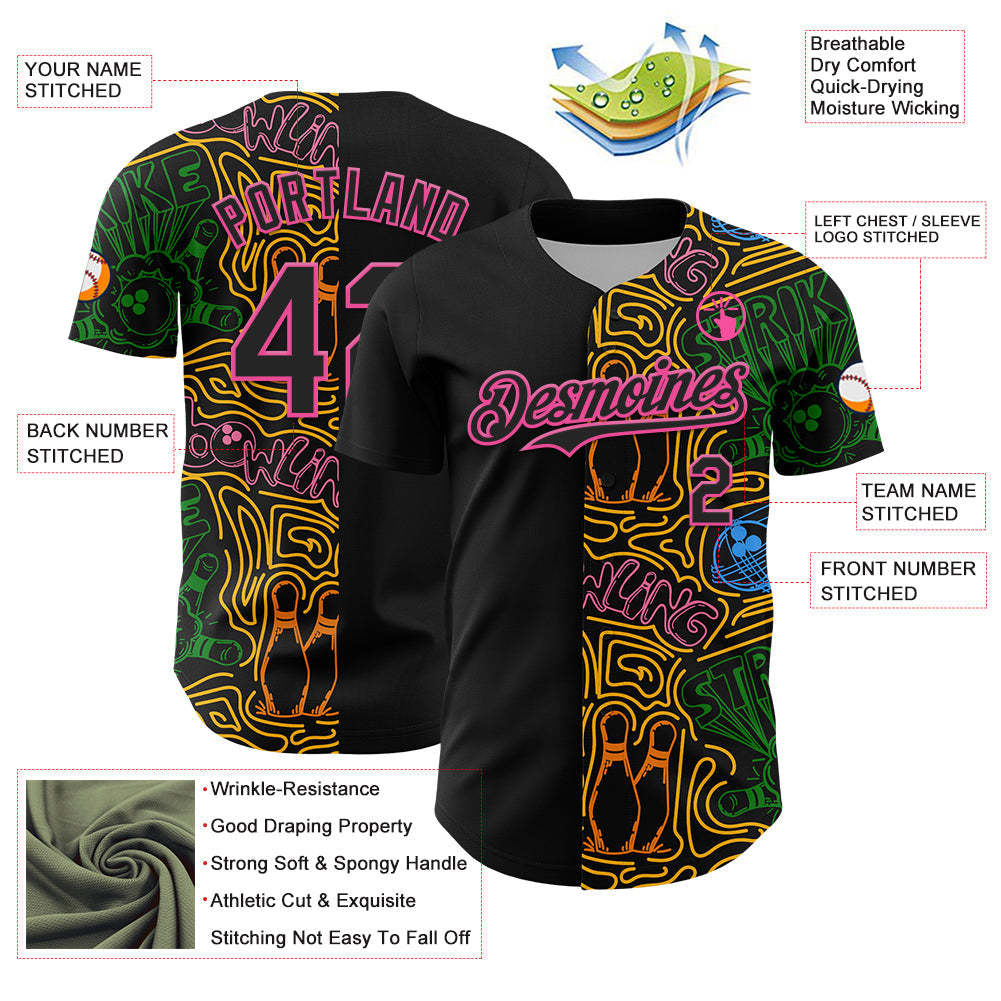 Custom Black Pink Grass Green-Gold Bowling Doodle Split Authentic Baseball Jersey baseball jersey product view 3