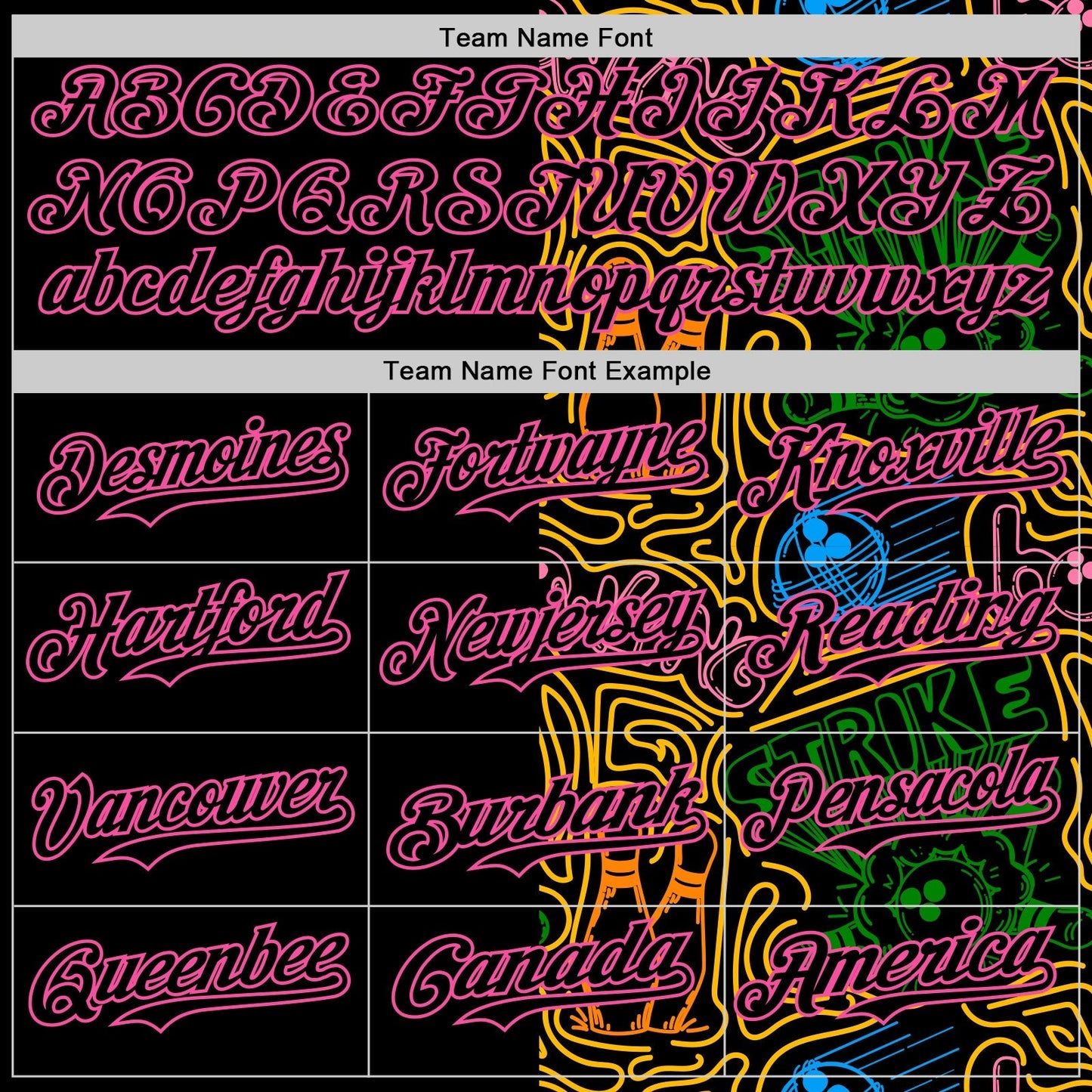 Custom Black Pink Grass Green-Gold Bowling Doodle Split Authentic Baseball Jersey baseball jersey product view 4