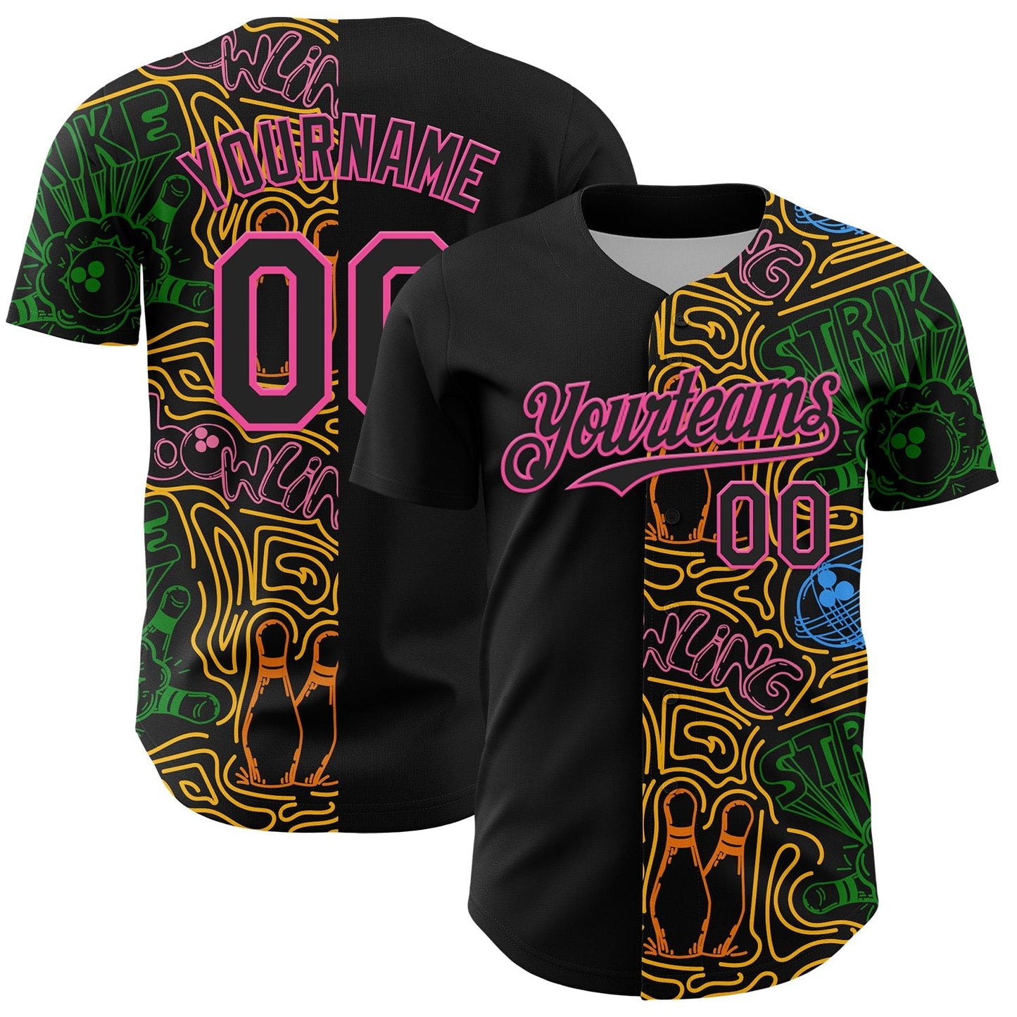 Custom Black Pink Grass Green-Gold Bowling Doodle Split Authentic Baseball Jersey baseball jersey product view 1