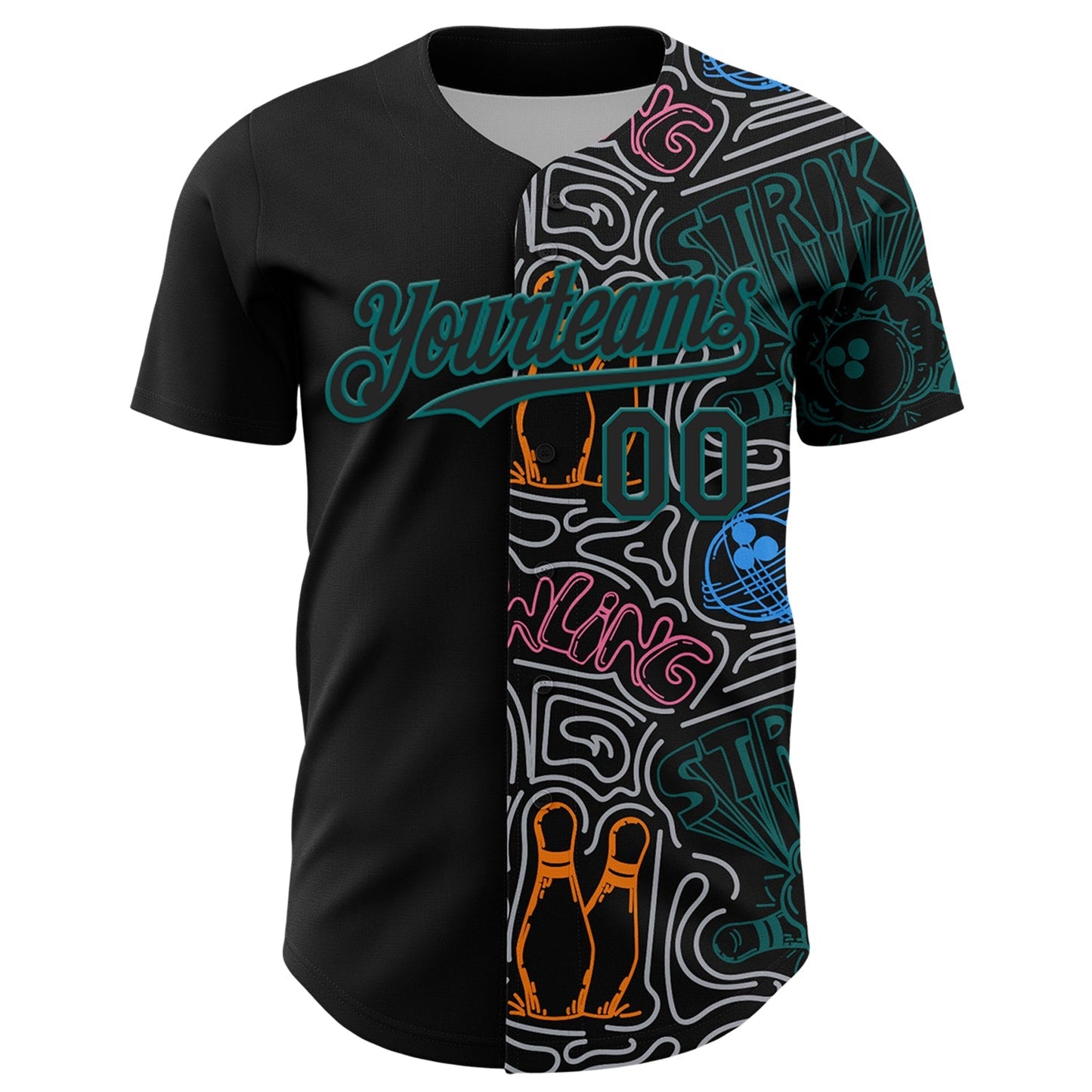 Custom Black Teal-Gray Bowling Doodle Split Authentic Baseball Jersey baseball jersey product view 2