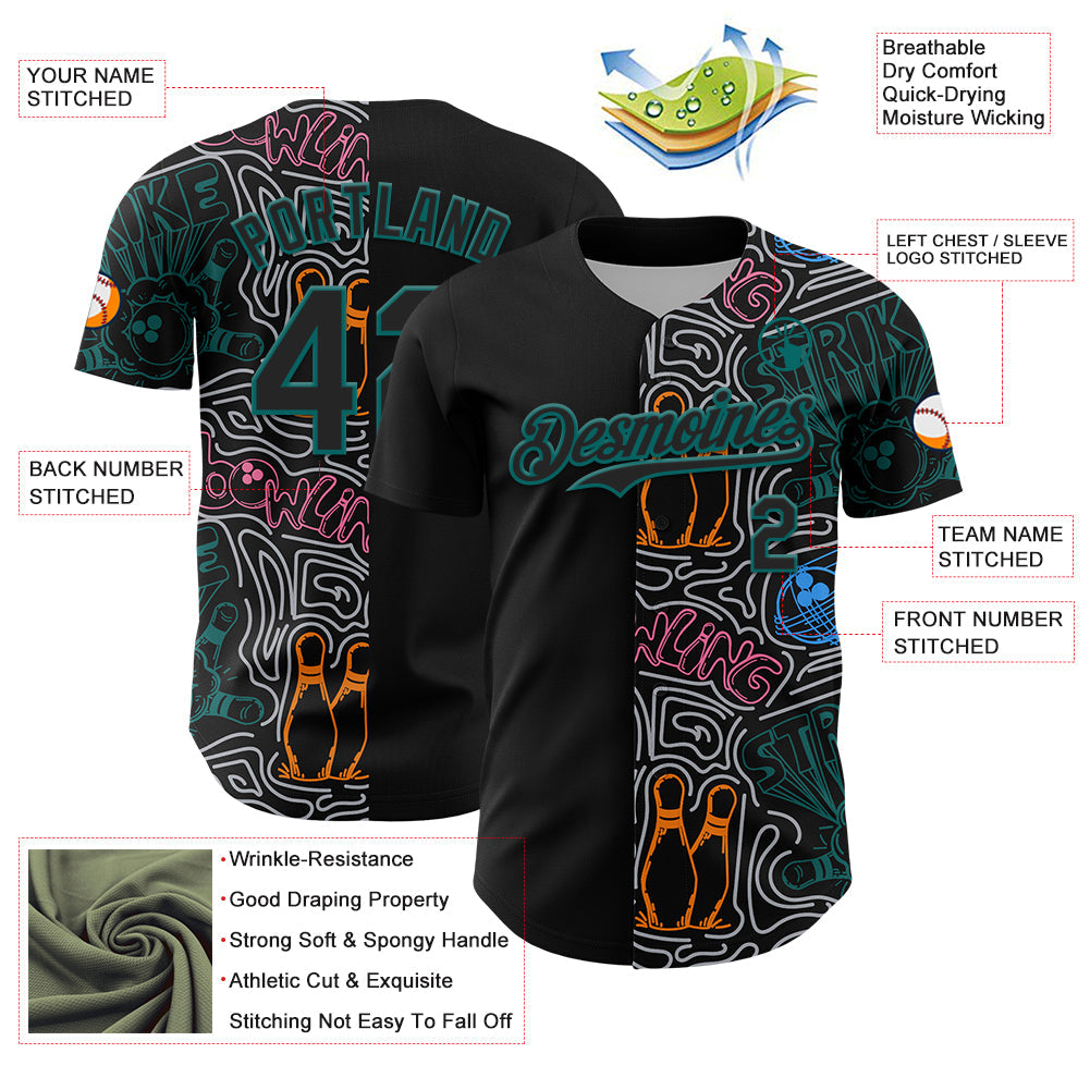 Custom Black Teal-Gray Bowling Doodle Split Authentic Baseball Jersey baseball jersey product view 3