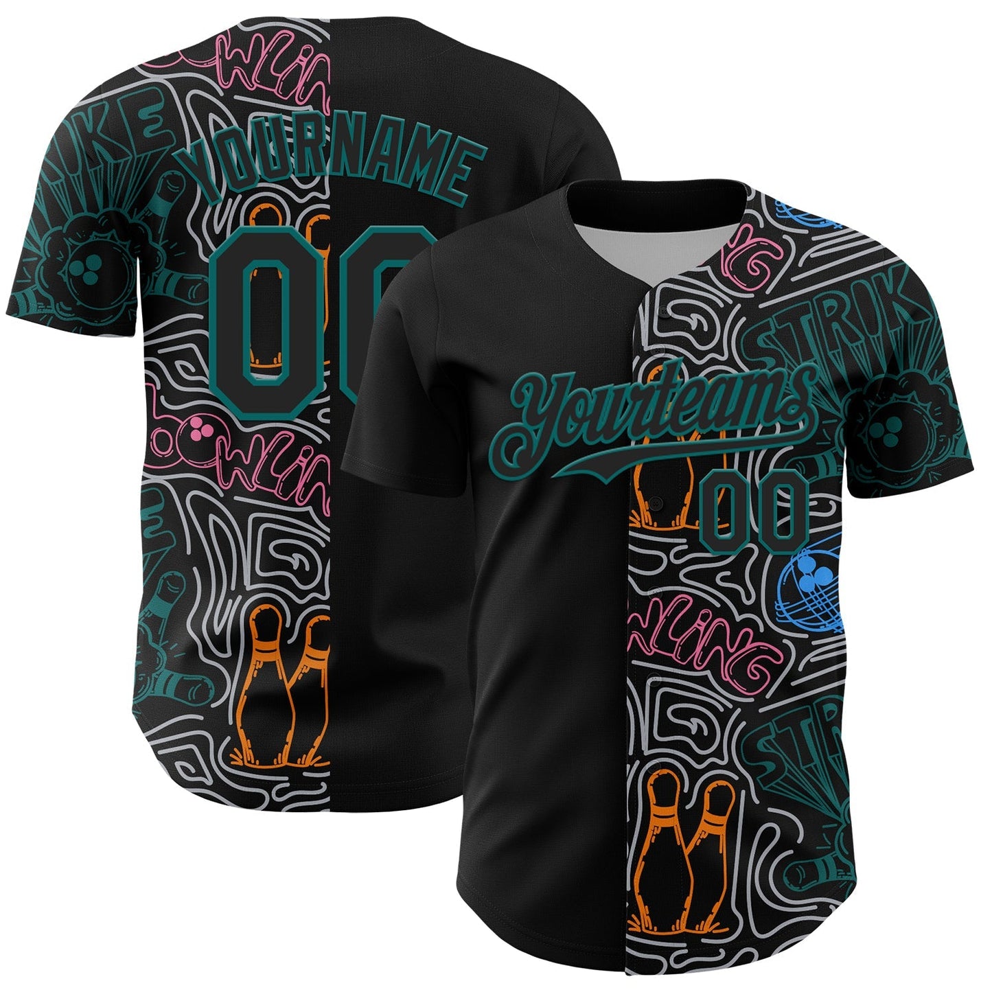 Custom Black Teal-Gray Bowling Doodle Split Authentic Baseball Jersey baseball jersey product view 1