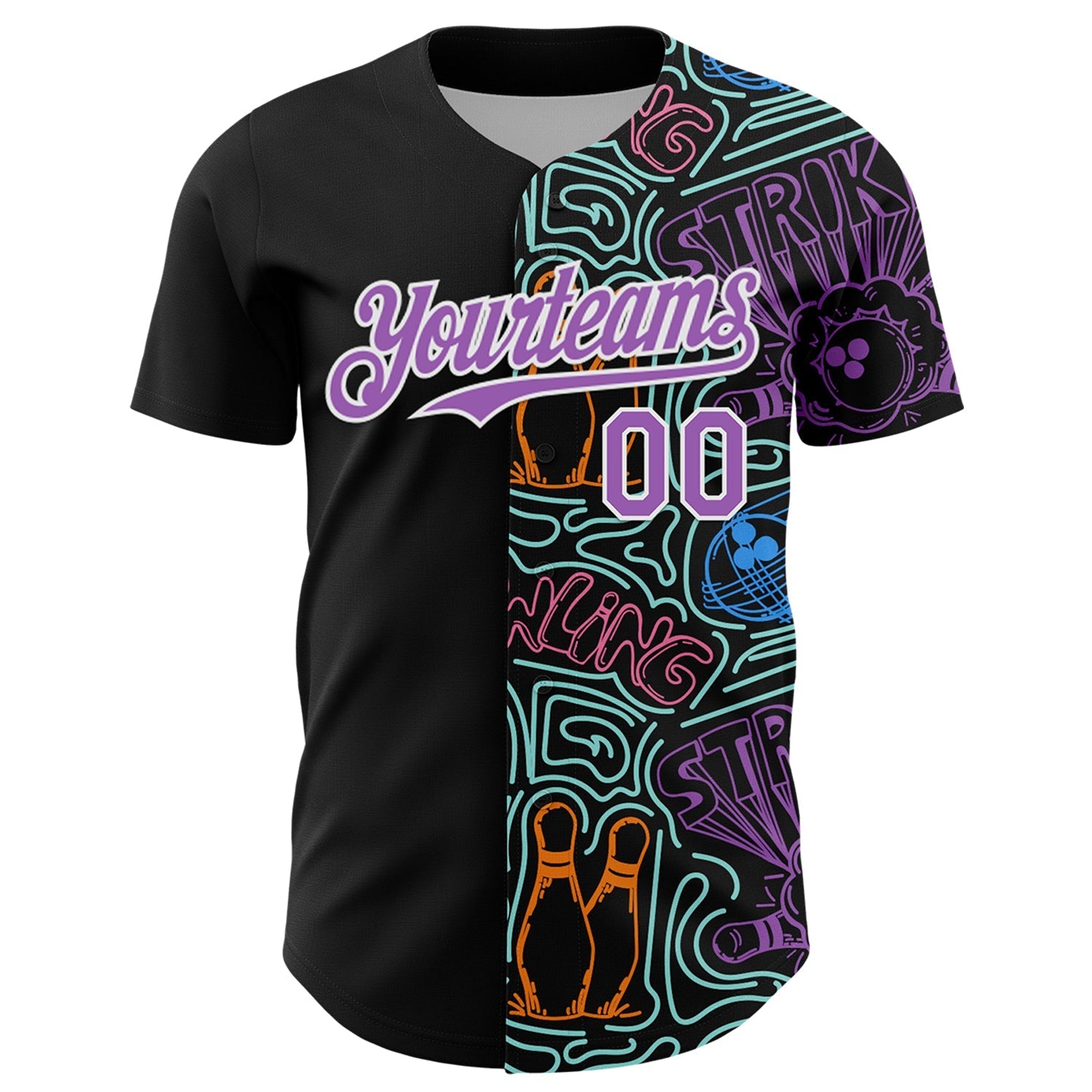 Custom Black Medium Purple White-Ice Blue Bowling Doodle Split Authentic Baseball Jersey baseball jersey product view 2