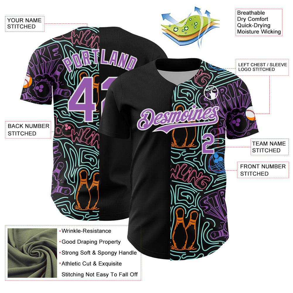 Custom Black Medium Purple White-Ice Blue Bowling Doodle Split Authentic Baseball Jersey baseball jersey product view 3