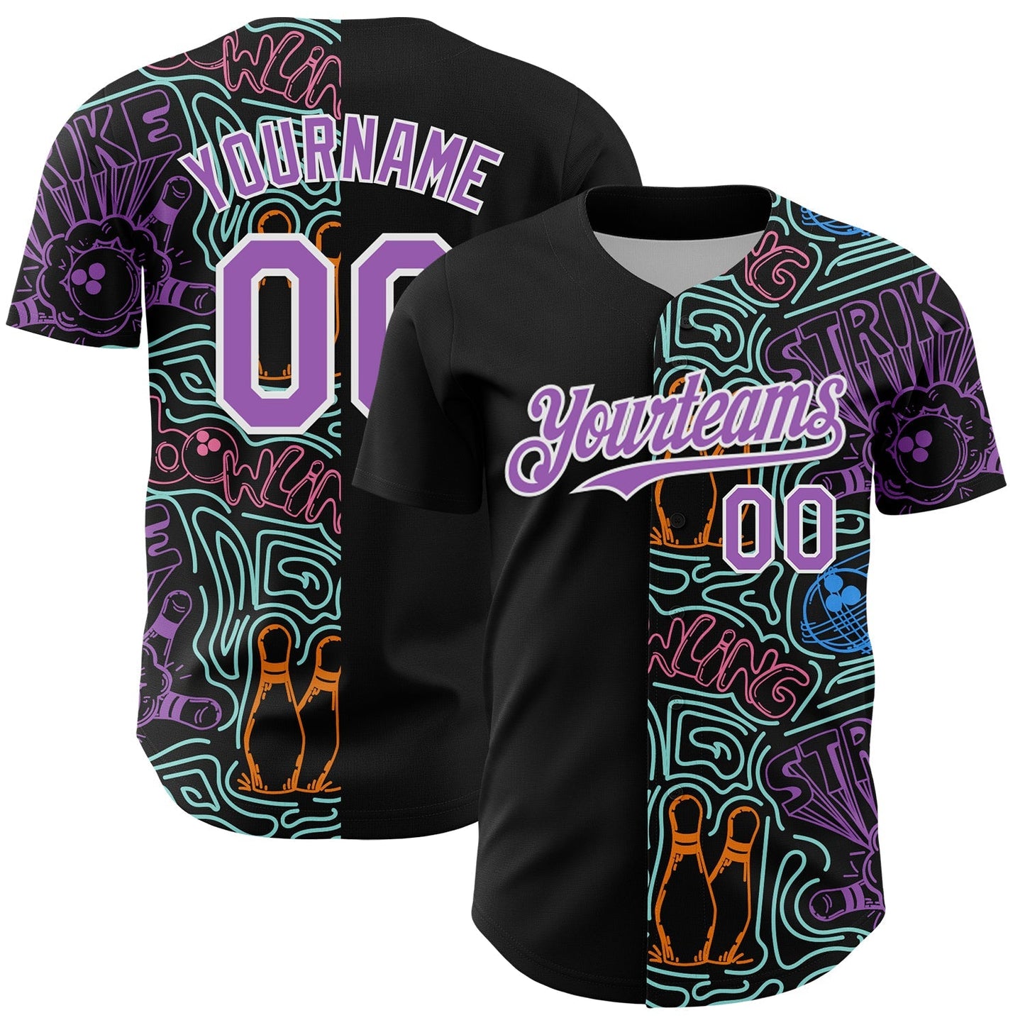 Custom Black Medium Purple White-Ice Blue Bowling Doodle Split Authentic Baseball Jersey baseball jersey product view 1