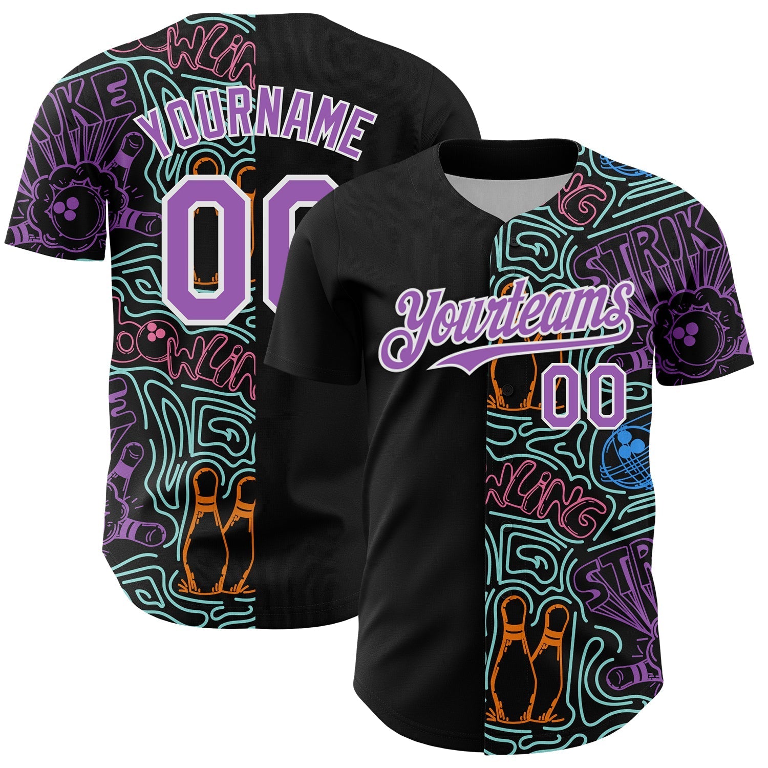 Custom Black Medium Purple White-Ice Blue Bowling Doodle Split Authentic Baseball Jersey baseball jersey product view 1