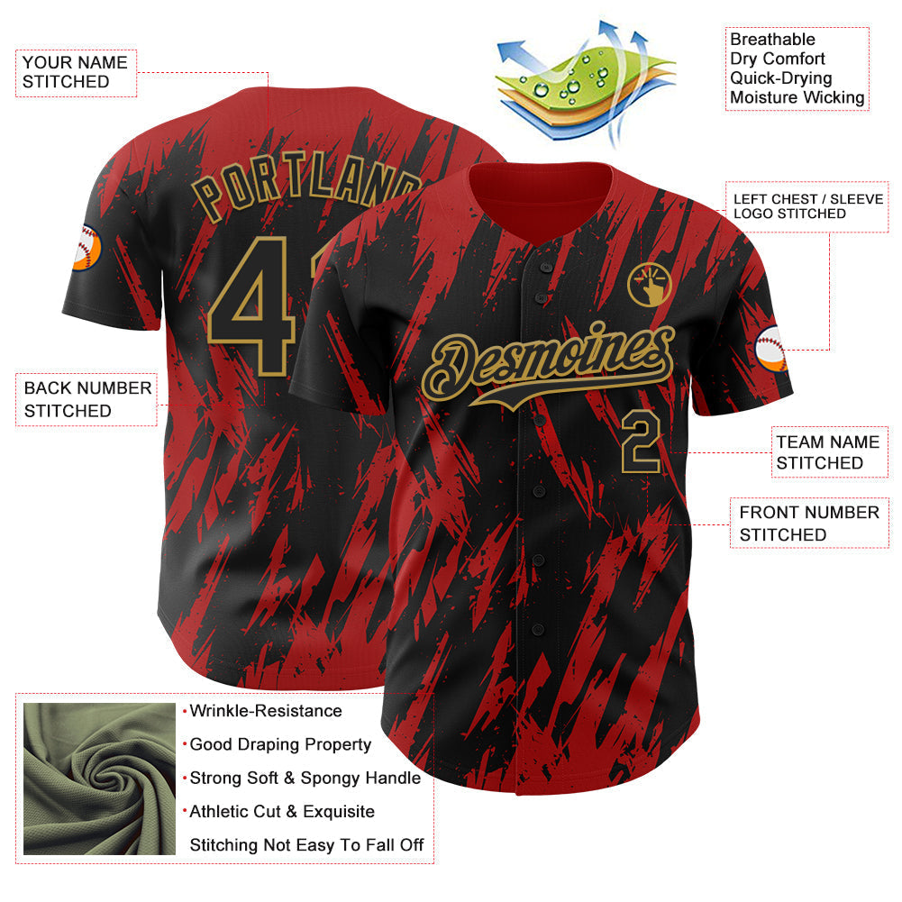 Custom Black Old Gold-Red Splatter Torn Sharp Brush Stroke Authentic Baseball Jersey baseball jersey product view 3