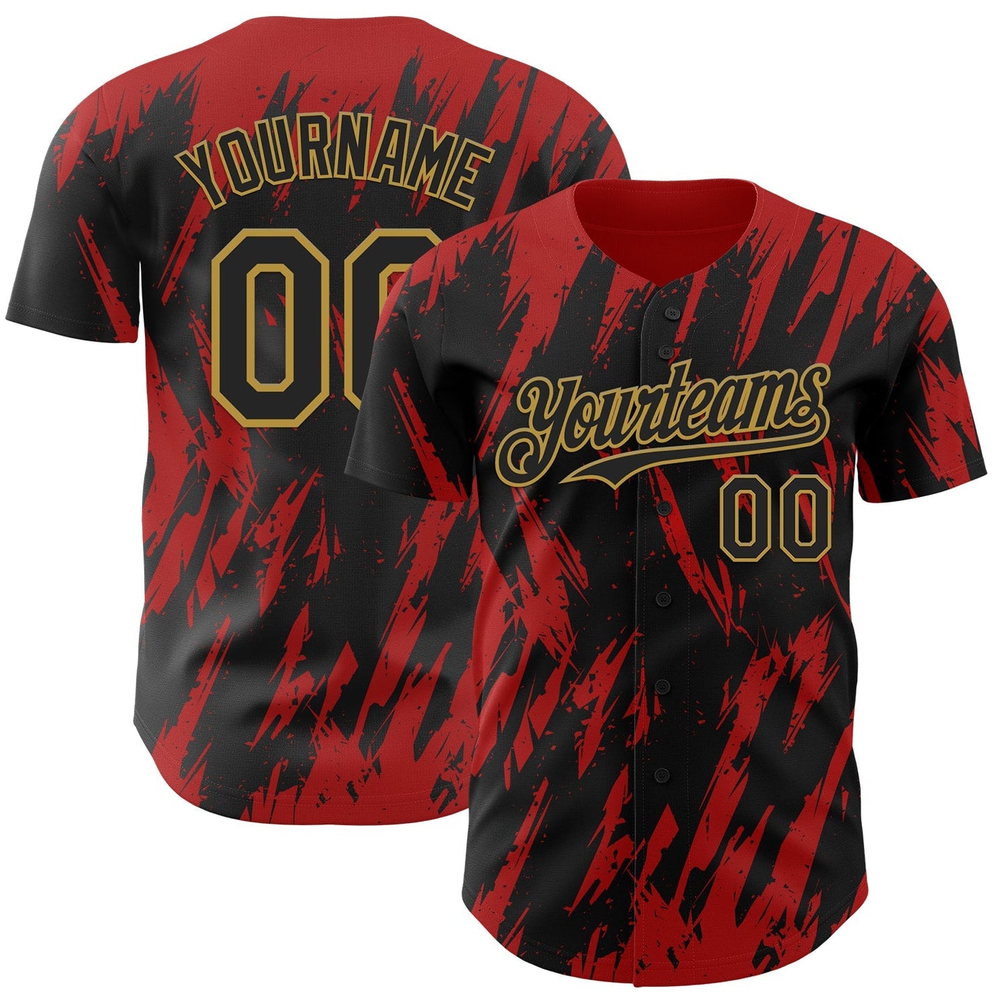 Custom Black Old Gold-Red Splatter Torn Sharp Brush Stroke Authentic Baseball Jersey baseball jersey product view 1