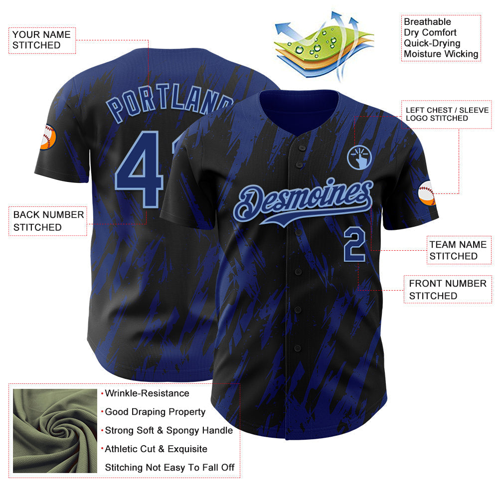Custom Black Royal-Light Blue Splatter Torn Sharp Brush Stroke Authentic Baseball Jersey baseball jersey product view 3