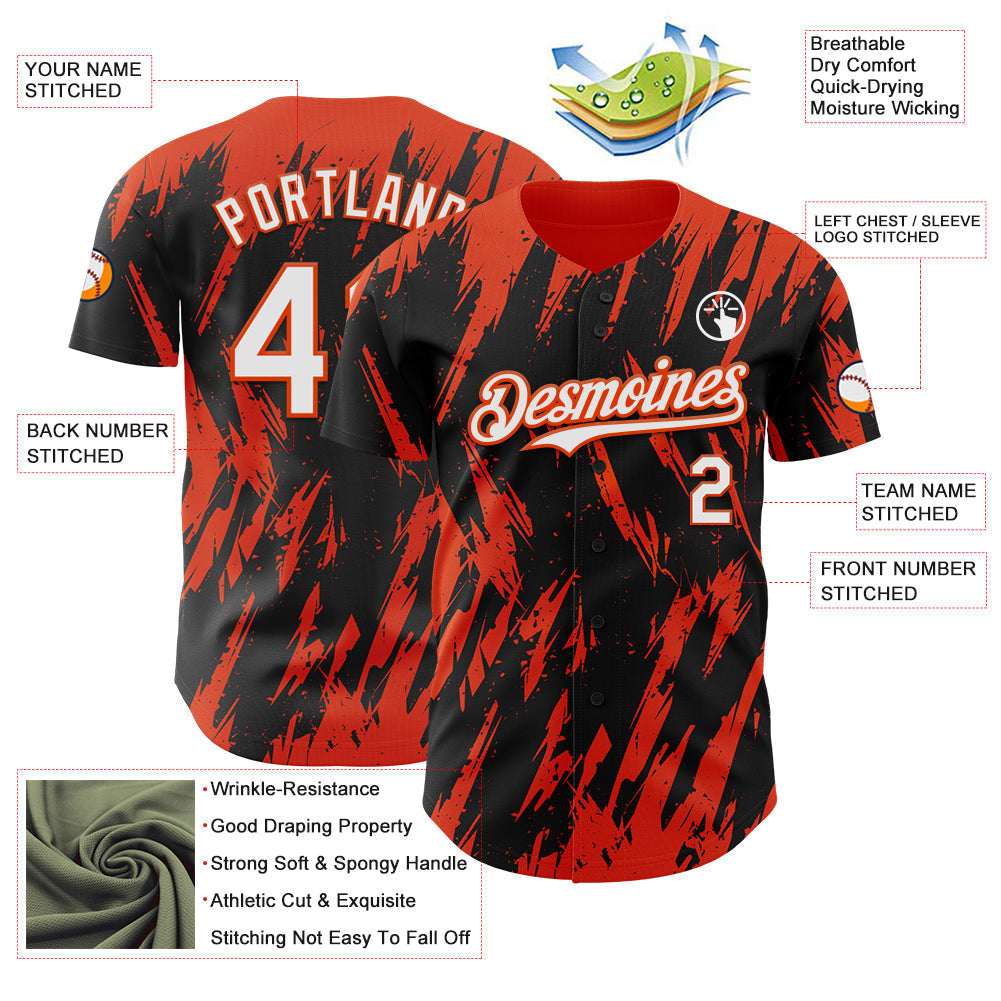 Custom Black White-Orange Splatter Torn Sharp Brush Stroke Authentic Baseball Jersey baseball jersey product view 3