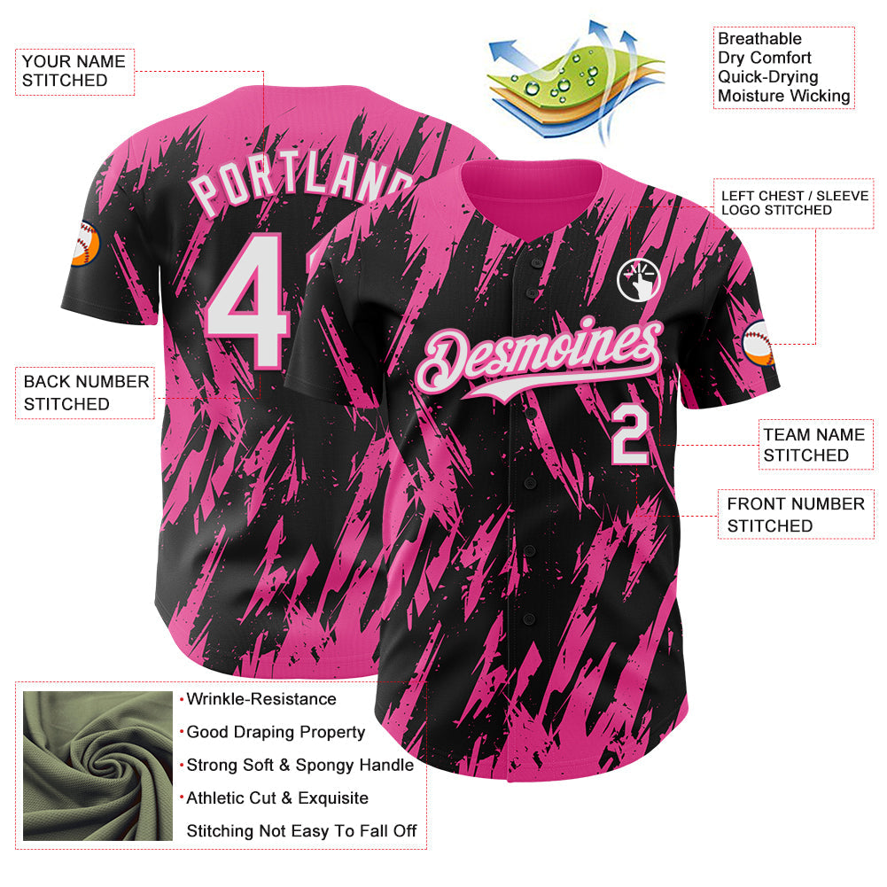 Custom Black White-Pink Splatter Torn Sharp Brush Stroke Authentic Baseball Jersey baseball jersey product view 3