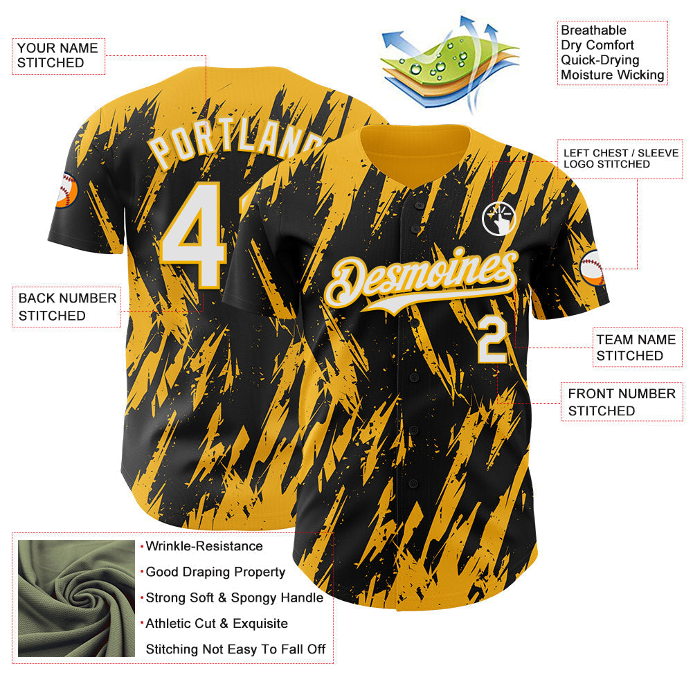 Custom Black White-Gold Splatter Torn Sharp Brush Stroke Authentic Baseball Jersey baseball jersey product view 3