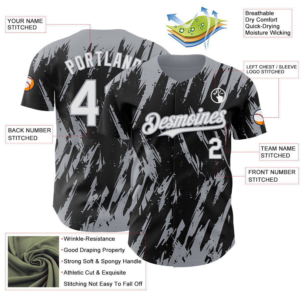 Custom Black White-Gray Splatter Torn Sharp Brush Stroke Authentic Baseball Jersey baseball jersey product view 3