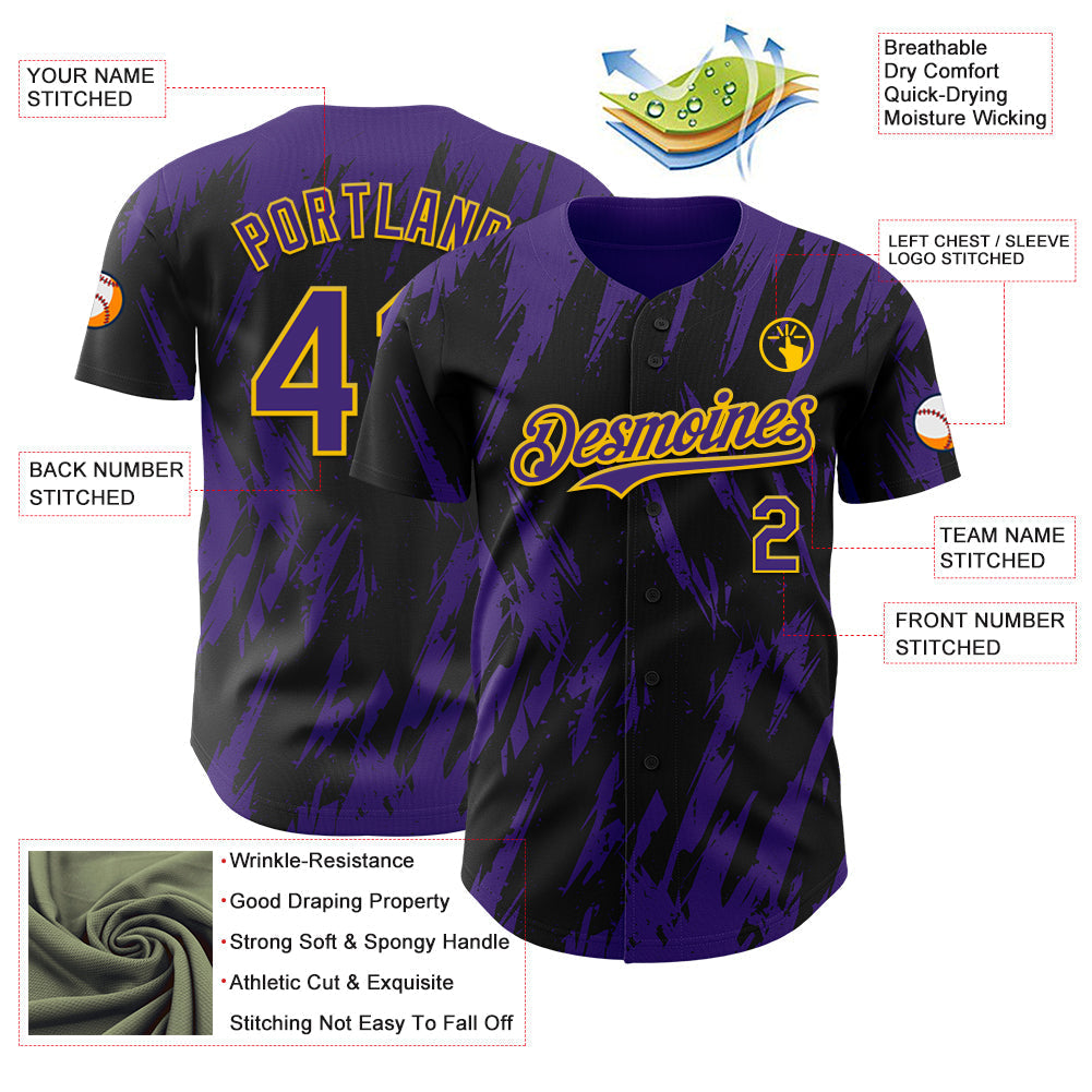 Custom Black Purple-Yellow Splatter Torn Sharp Brush Stroke Authentic Baseball Jersey baseball jersey product view 3