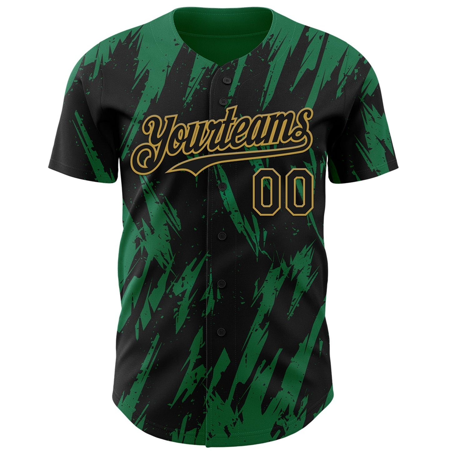 Custom Black Old Gold-Kelly Green Splatter Torn Sharp Brush Stroke Authentic Baseball Jersey baseball jersey product view 2