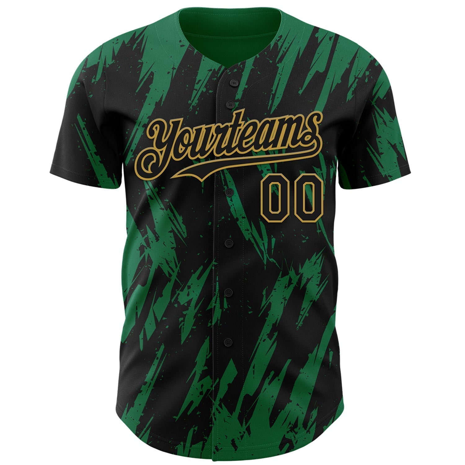 Custom Black Old Gold-Kelly Green Splatter Torn Sharp Brush Stroke Authentic Baseball Jersey baseball jersey product view 2