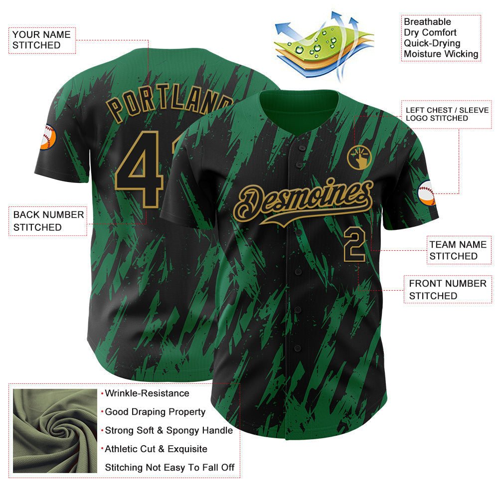 Custom Black Old Gold-Kelly Green Splatter Torn Sharp Brush Stroke Authentic Baseball Jersey baseball jersey product view 3