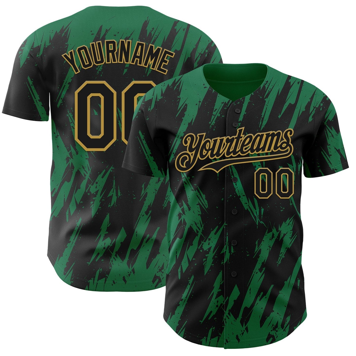 Custom Black Old Gold-Kelly Green Splatter Torn Sharp Brush Stroke Authentic Baseball Jersey baseball jersey product view 1